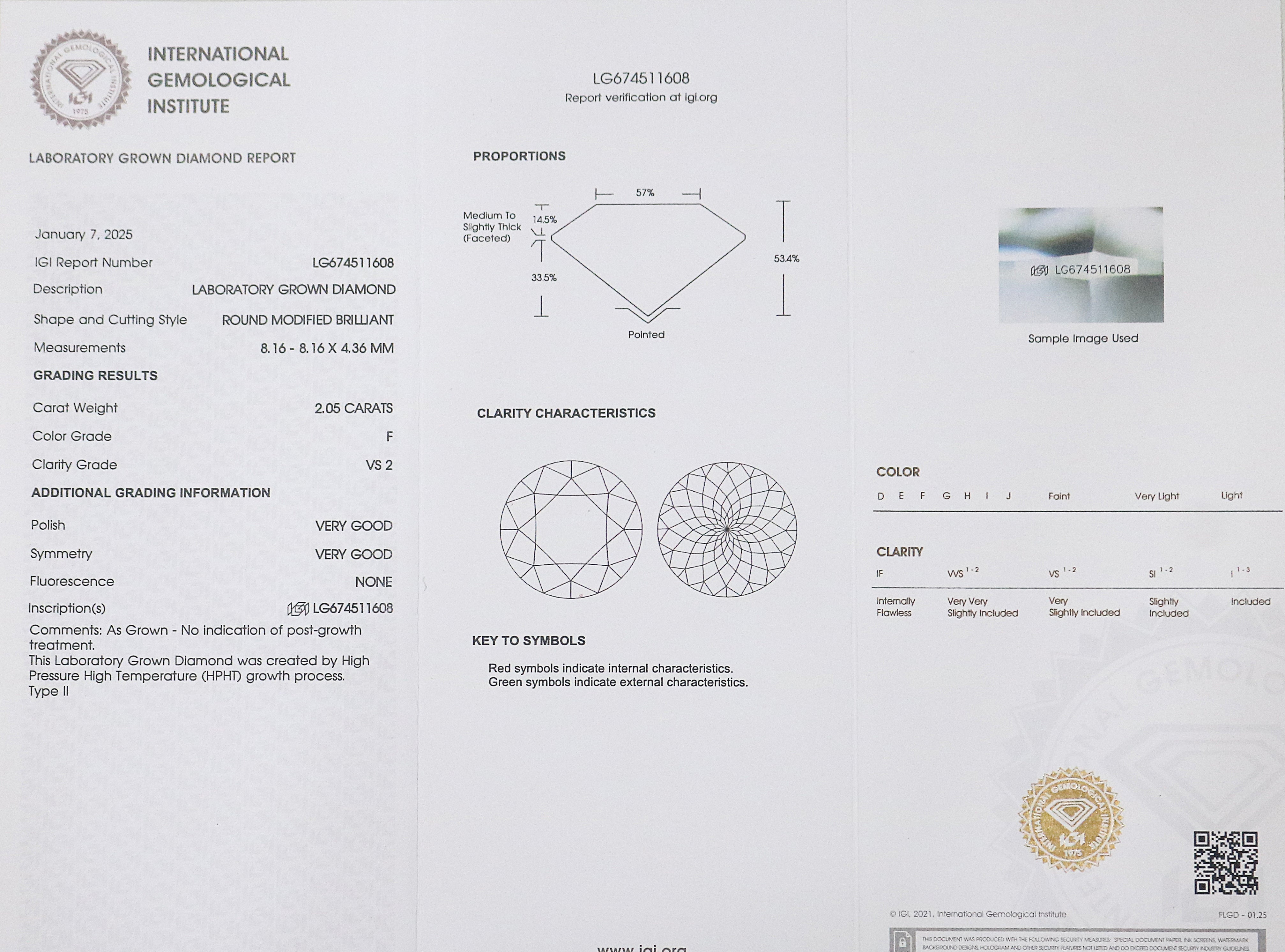 2.05 CT IGI Certified Round Portuguese Cut Diamond White - F Color VS2 Clarity Lab Grown Lab Created Round Modified Cut CVD Diamond L3239