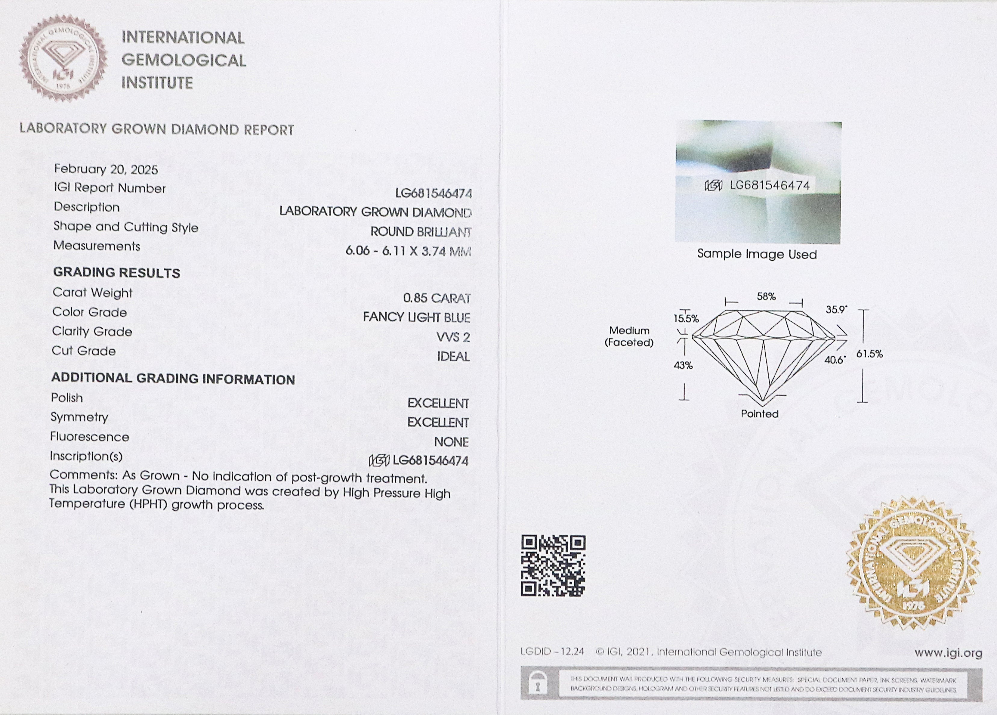 0.85 CT IGI Certified Round Brilliant Cut Fancy Light Blue Color VVS2 Clarity Diamond Lab Grown Diamond Lab Created Round CVD Diamond L3281