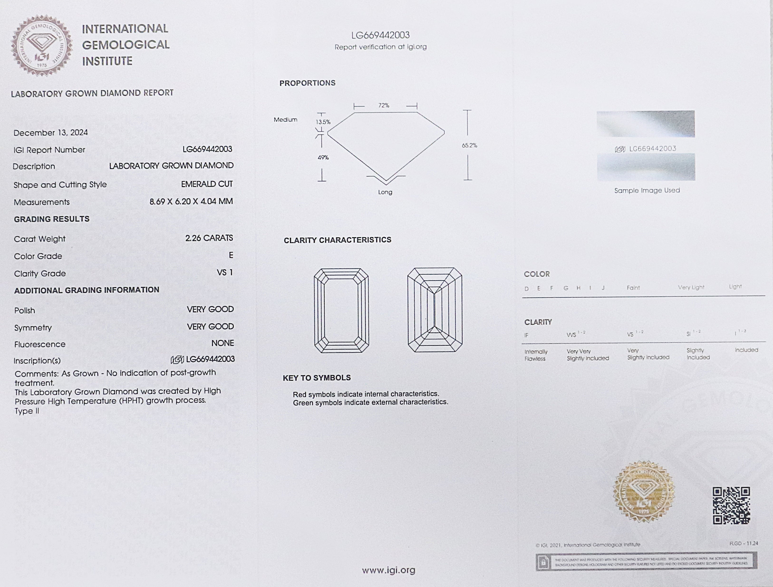 2.26 CT IGI Certified Emerald Cut Diamond White - E Color VS1 Clarity Lab Grown Diamond Lab Created Emerald Diamond CVD Diamond L3243