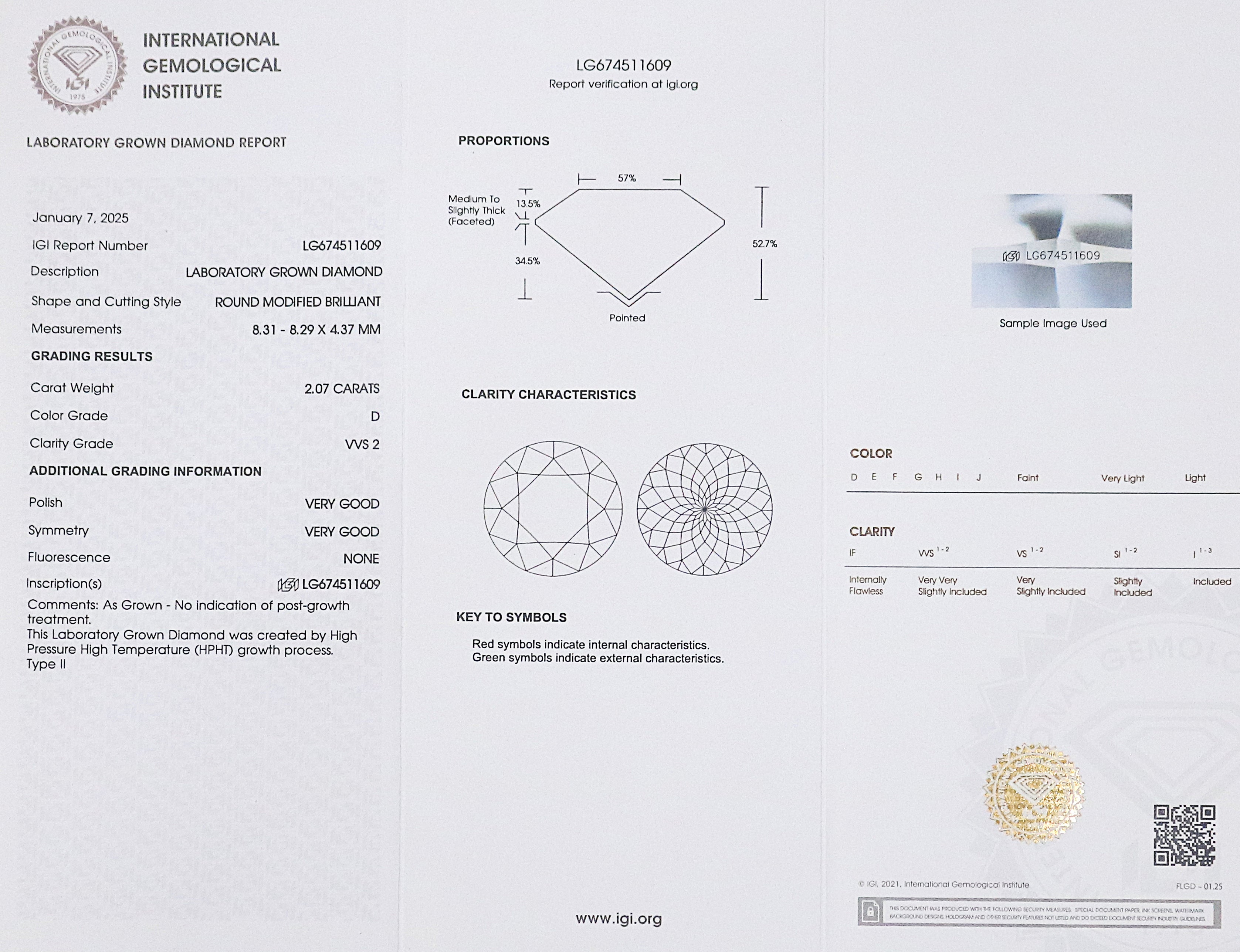 2.07 CT IGI Certified Round Portuguese Cut Diamond White - D Color VVS2 Clarity Lab Grown Lab Created Round Modified Cut CVD Diamond L3240