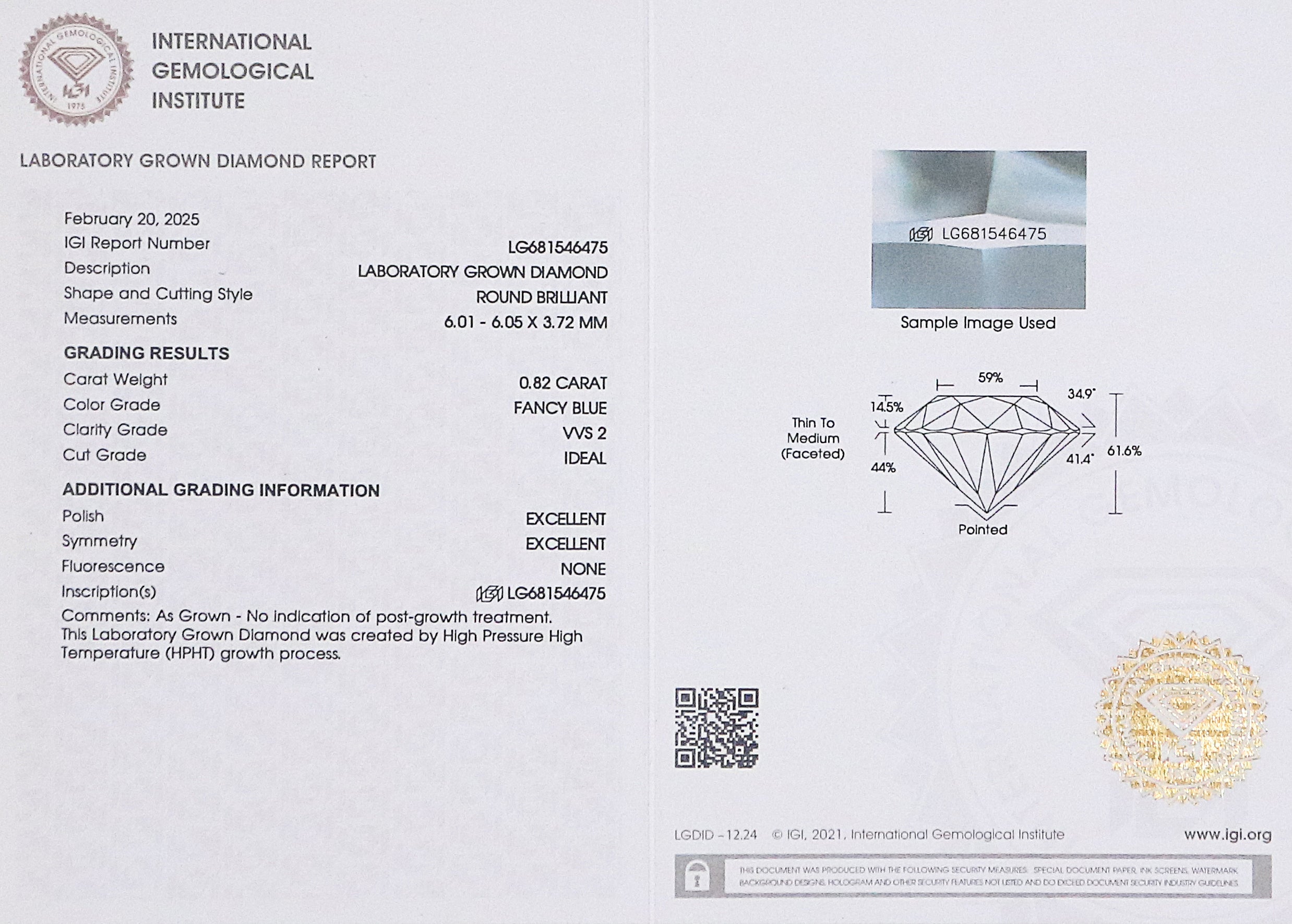 0.82 CT IGI Certified Round Brilliant Cut Fancy Blue Color VVS2 Clarity Diamond Lab Grown Diamond Lab Created Round CVD Diamond L3282