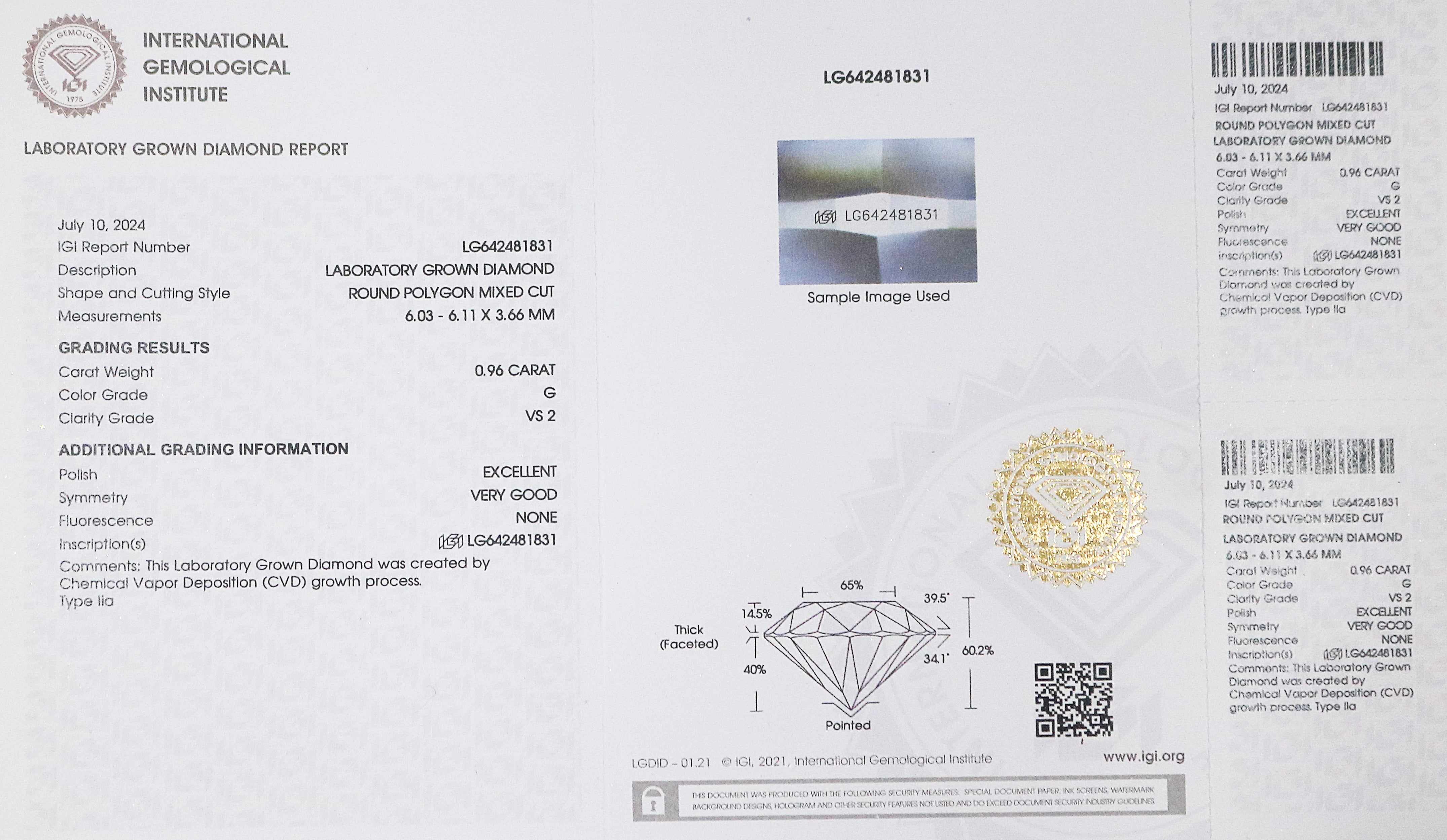 0.96 CT IGI Certified Round Portuguese Cut Diamond White - G Color VS2 Clarity Lab Grown CVD Diamond Lab Created Loose Round Diamond Q182