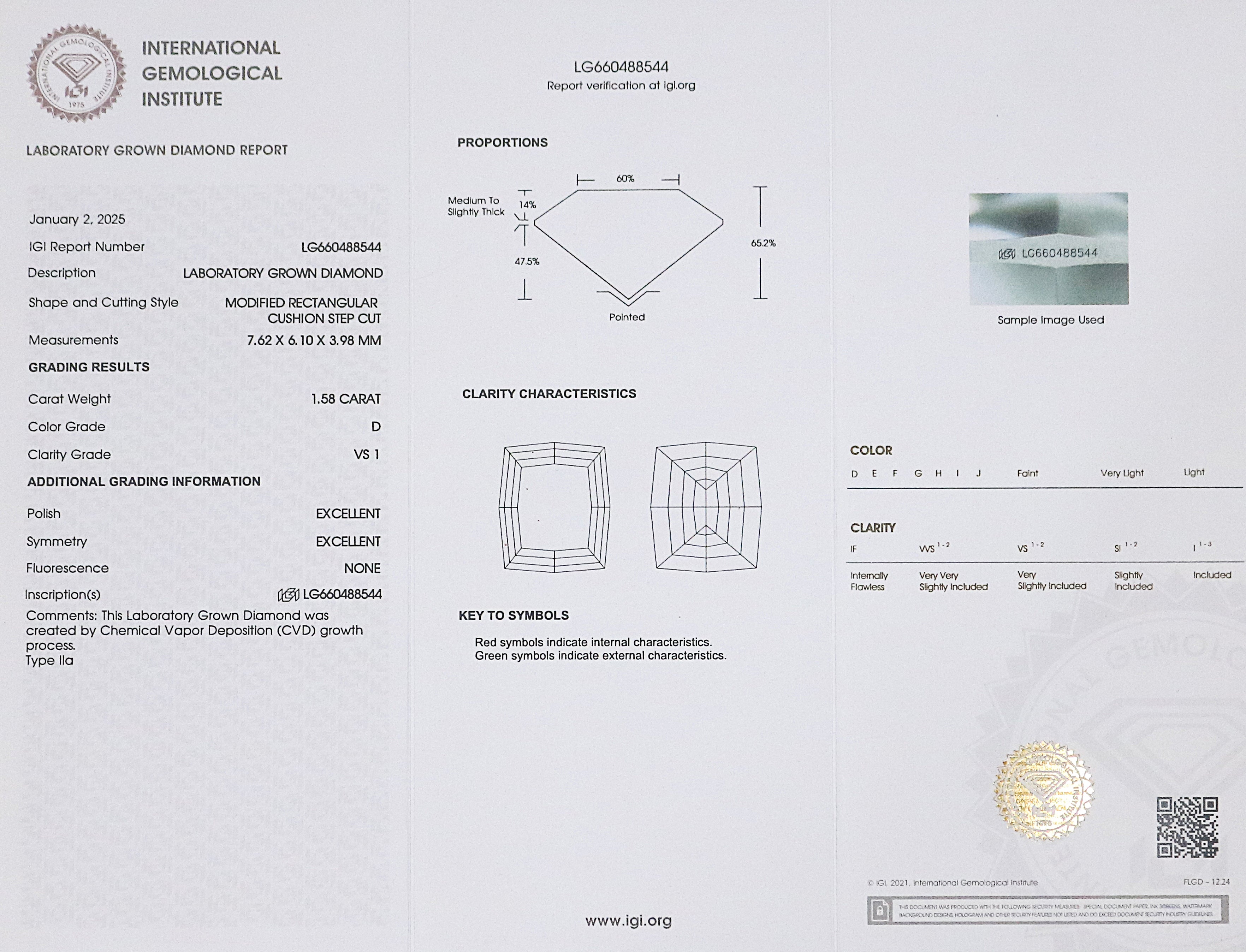 1.58 CT IGI Certified Modified Rectangular Cushion Step Cut Diamond White -D Color VS1 Clarity Lab Grown CVD Lab Created Diamond L3237