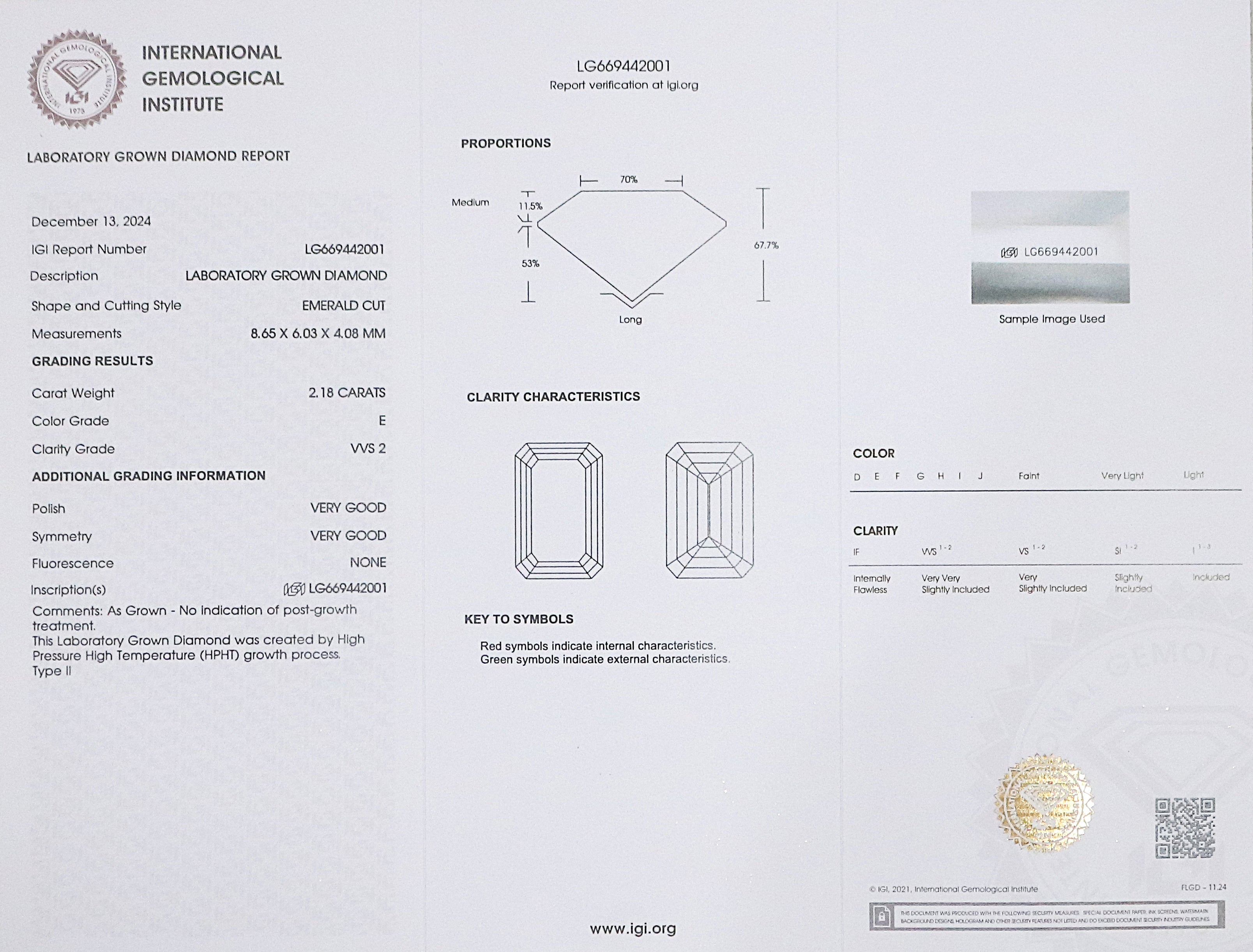 2.18 CT IGI Certified Emerald Cut Diamond White - E Color VVS2 Clarity Lab Grown Diamond Lab Created Emerald Diamond CVD Diamond L3245