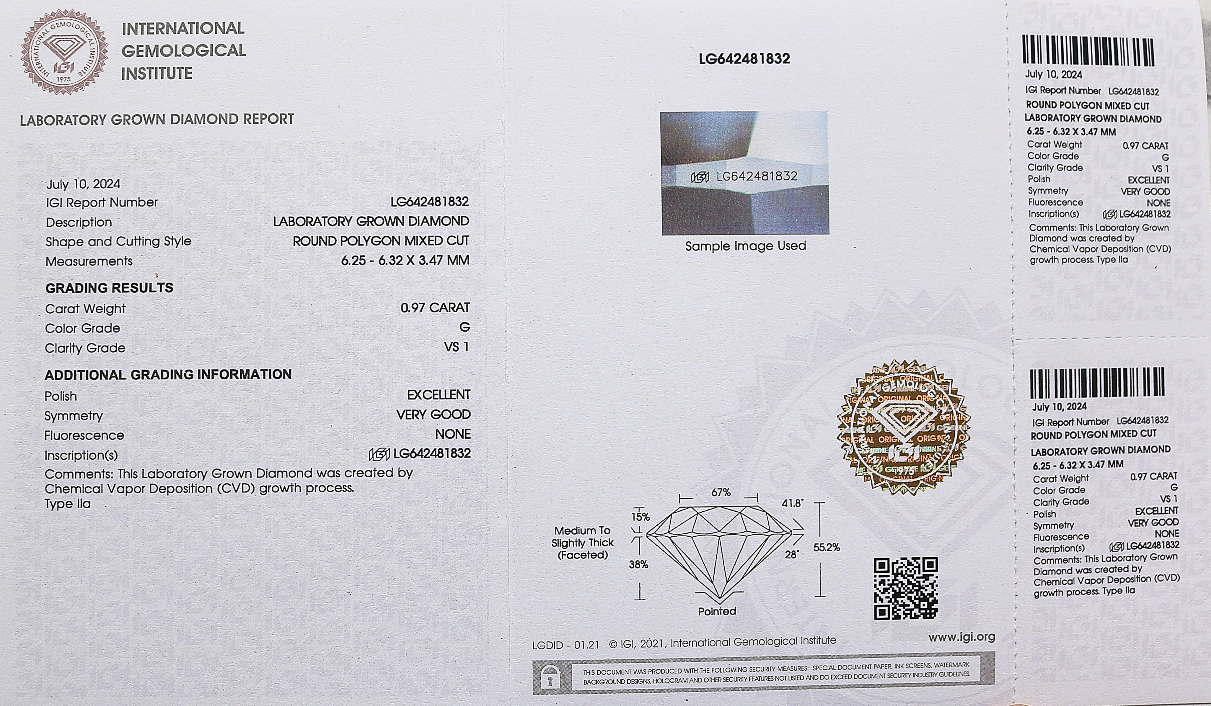 0.97 CT IGI Certified Round Portuguese Cut Diamond White - G Color VS1 Clarity Lab Grown Diamond Lab Created Loose Round CVD Diamond Q183