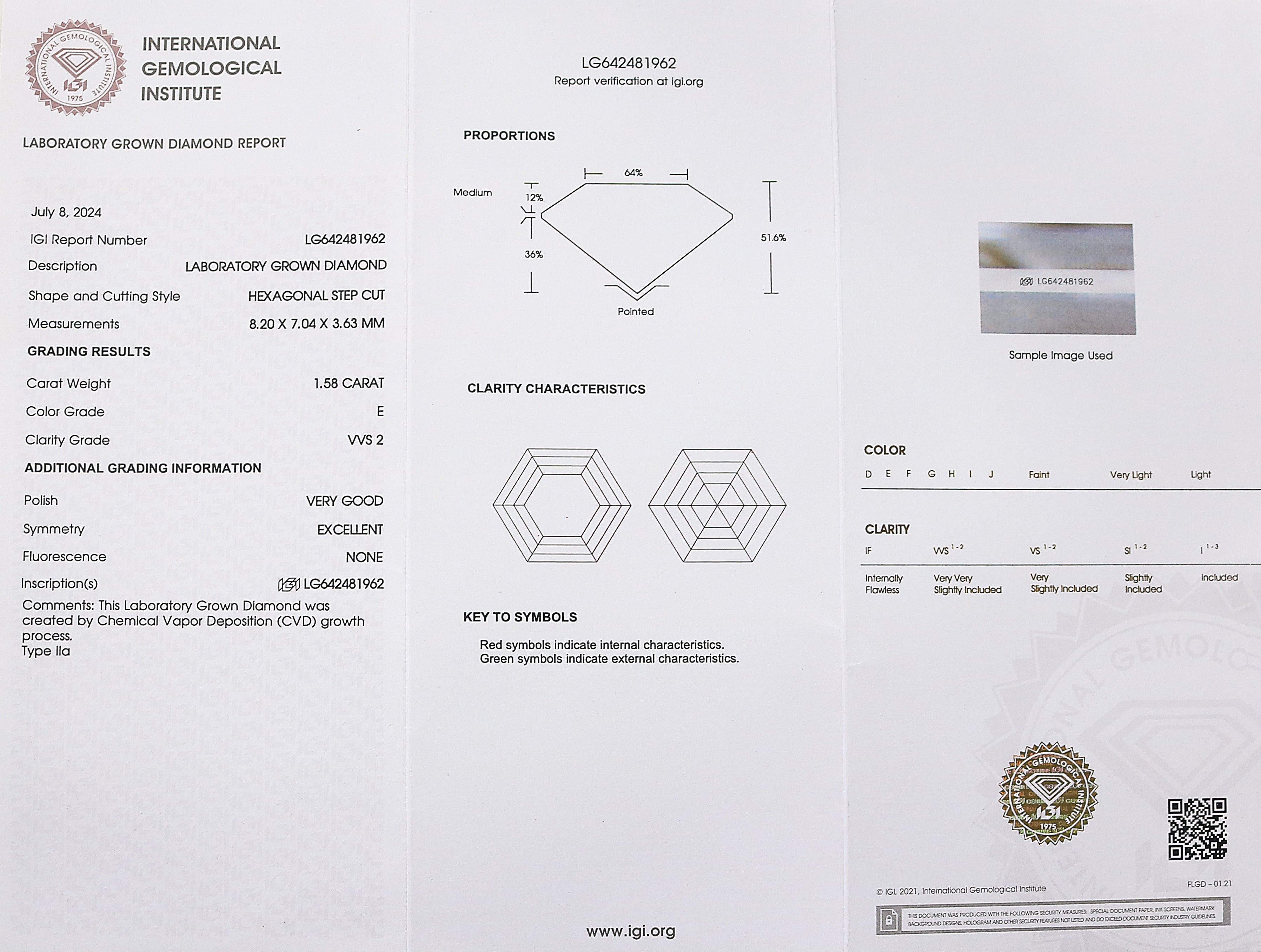 1.58 CT IGI Certified Hexagonal Step Cut Diamond White - E Color VVS2 Clarity Diamond Lab Grown Diamond Lab Created Hexagon CVD Diamond Q186