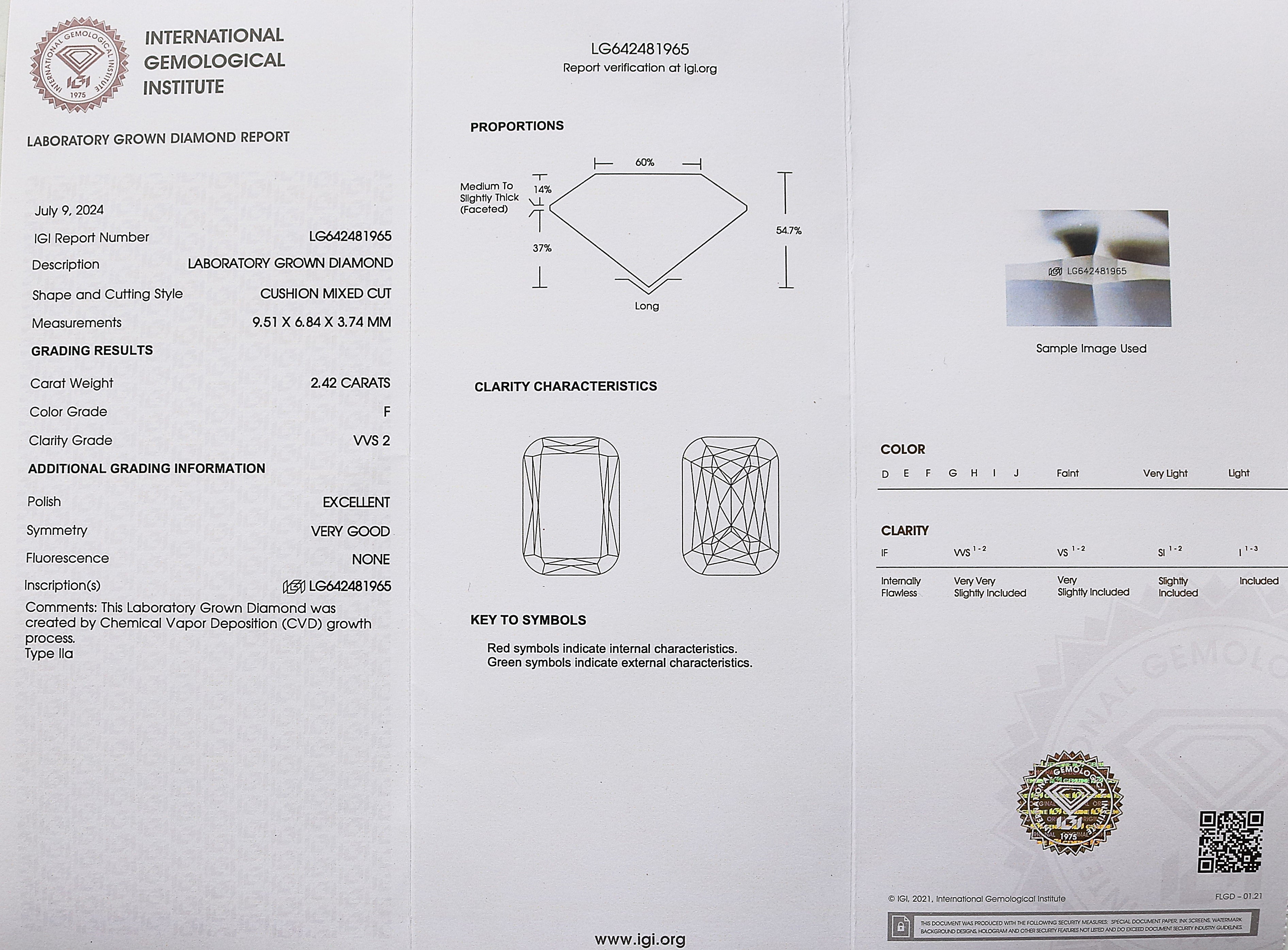 2.42 CT IGI Certified Cushion Mixed Cut White - F Color VVS2 Clarity Ashoka cut Lab Grown Lab Created Diamond Cushion CVD Diamond Lab Q187