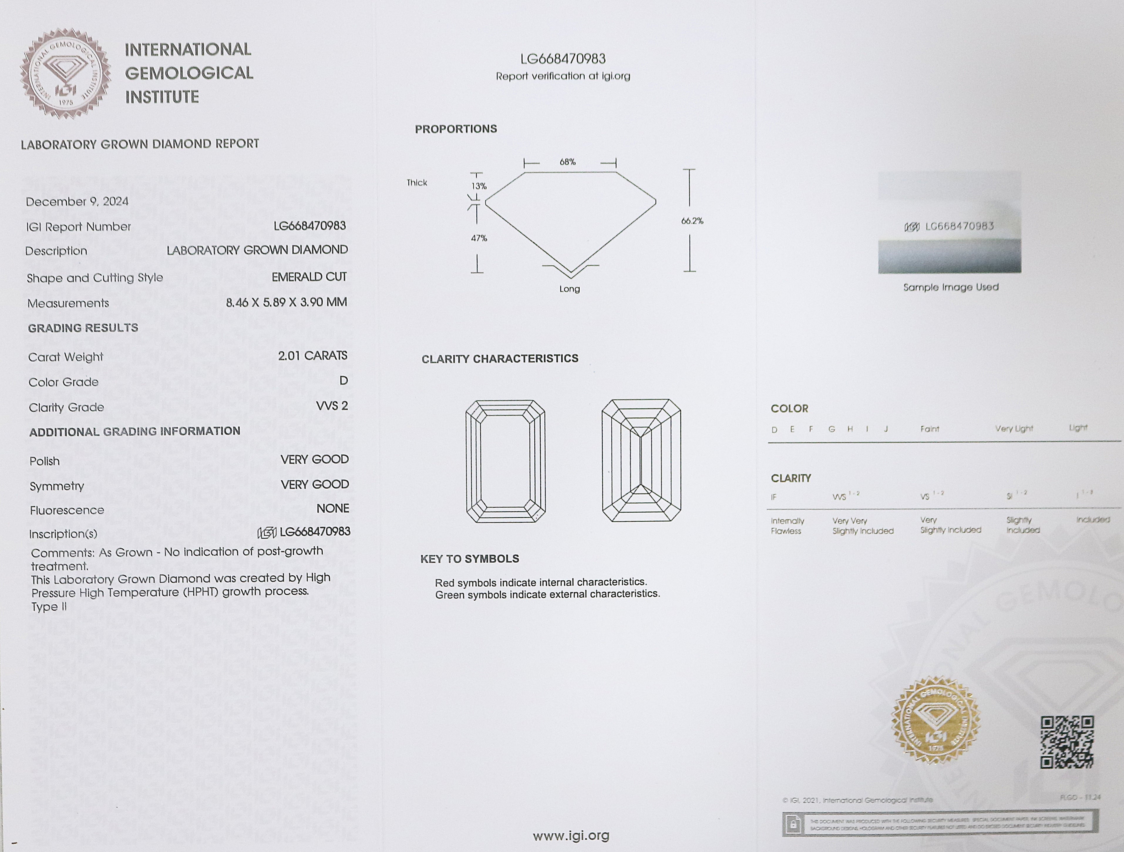 2.01 CT IGI Certified Emerald Cut Diamond White - D Color VVS2 Clarity Lab Grown Diamond Lab Created Emerald Diamond CVD Diamond L3221