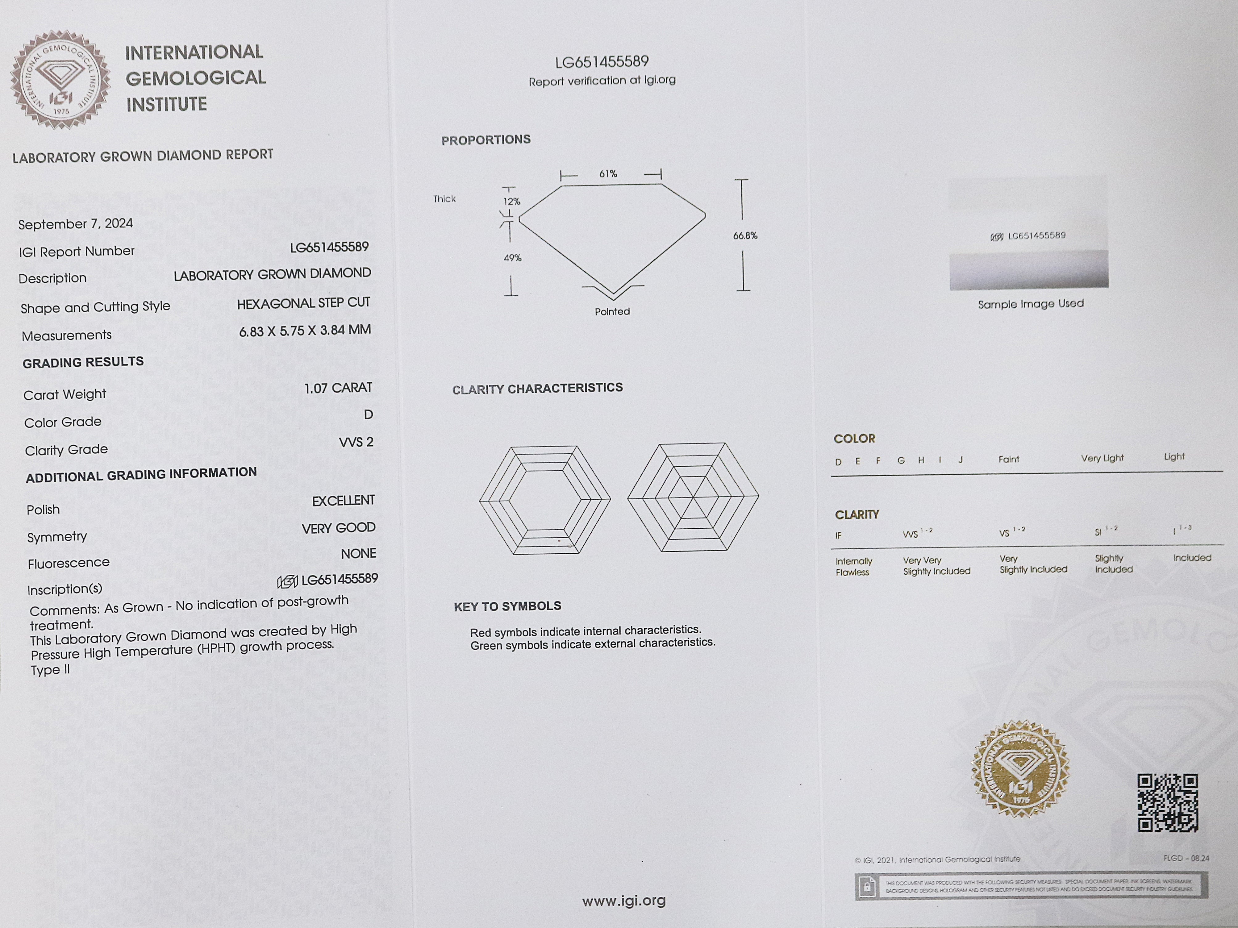 1.07 CT IGI Certified Hexagonal Step Cut Diamond White - D Color VVS2 Clarity Lab Grown Diamond Lab Created Diamond Hexagon CVD Diamond Q190