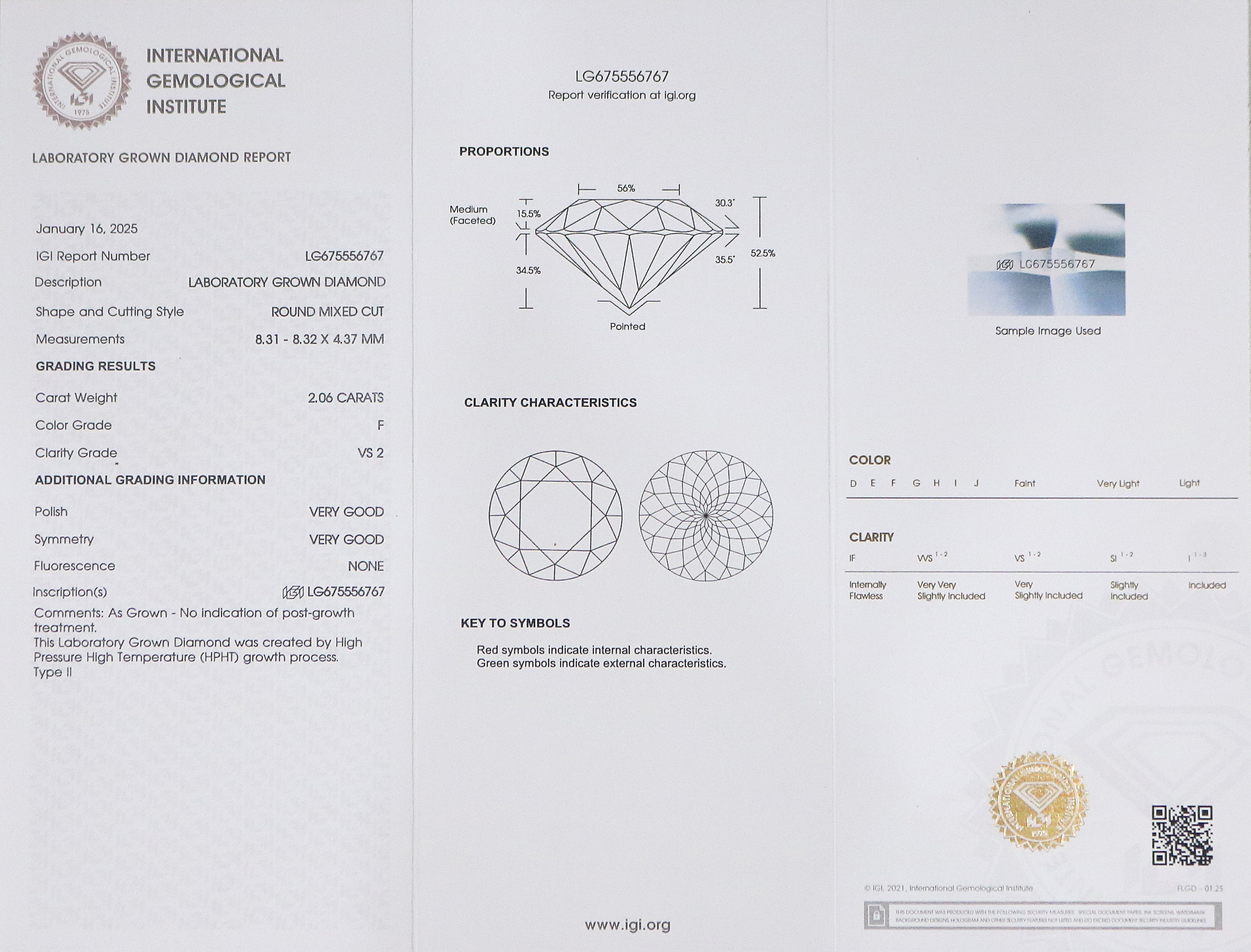 2.06 CT IGI Certified Round Portuguese Cut Diamond White - F Color VS2 Clarity Lab Grown Lab Created Round Mixed Cut CVD Diamond L3255