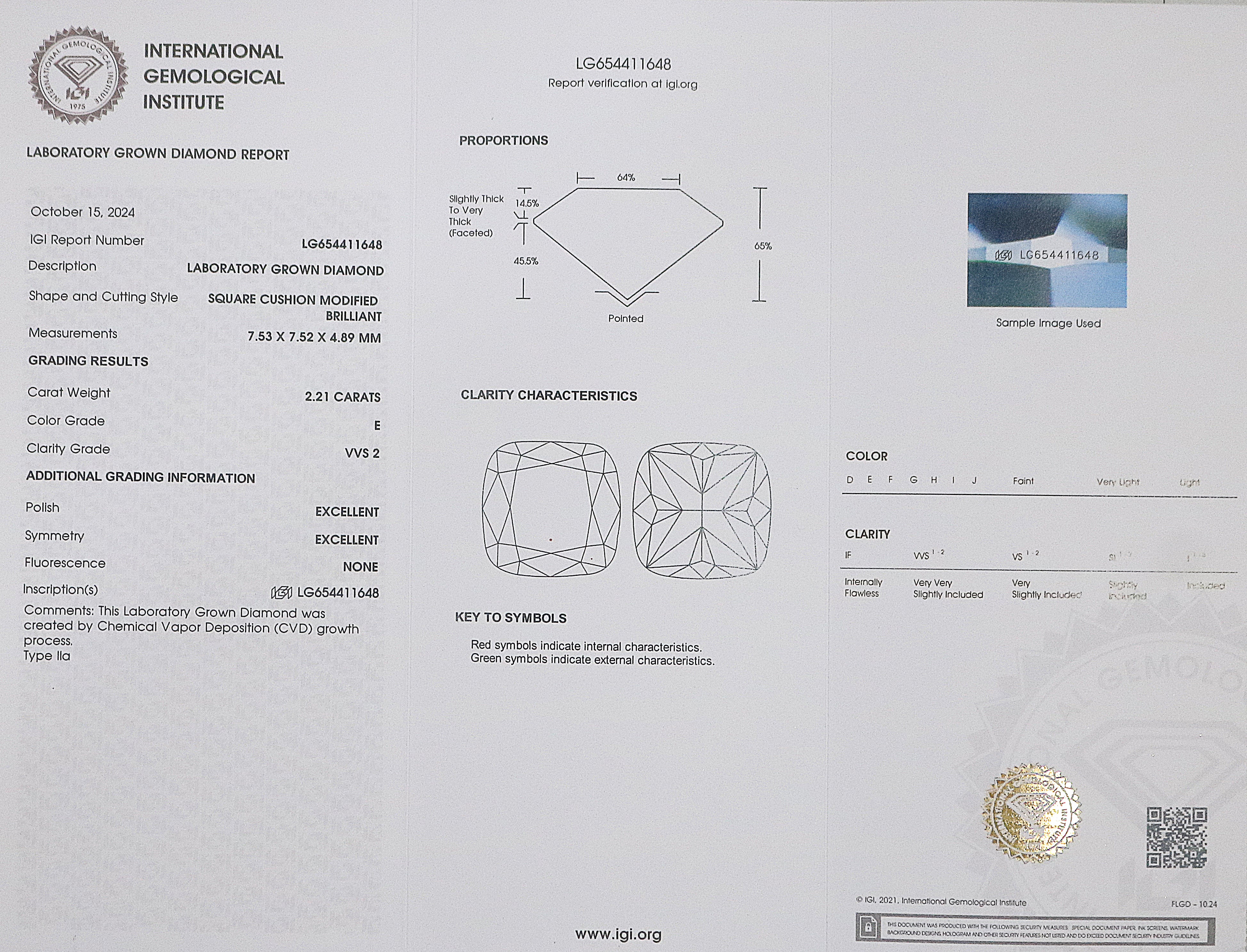 2.21 CT IGI Certified Square Cushion Modified Brilliant Cut Diamond White - E Color VVS2 Clarity Lab Grown Diamond Lab Created Diamond L3233