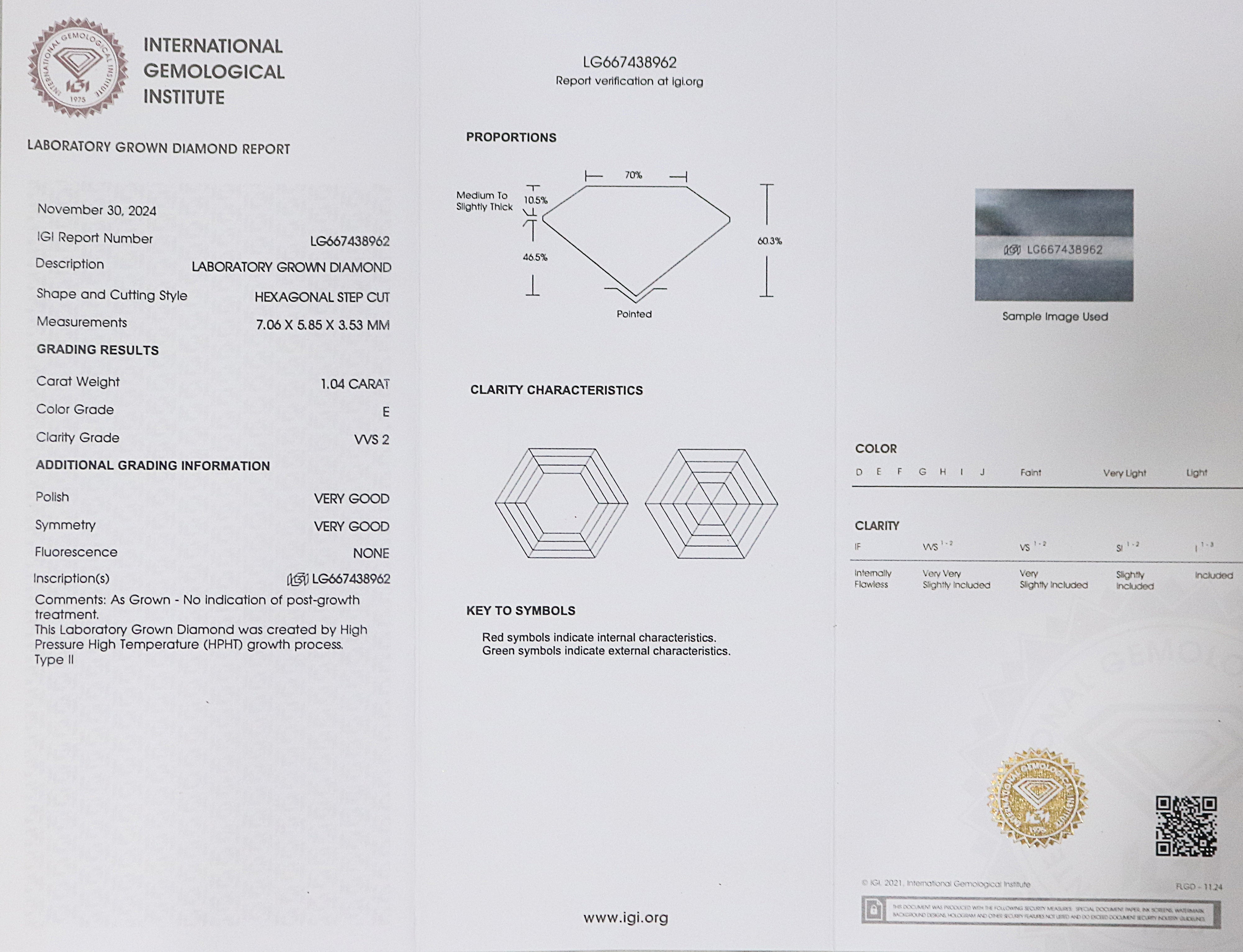 1.04 CT IGI Certified Hexagonal Step Cut Diamond White - E Color VVS2 Clarity Lab Grown Diamond Lab Created Diamond Hexagon Diamond L3209