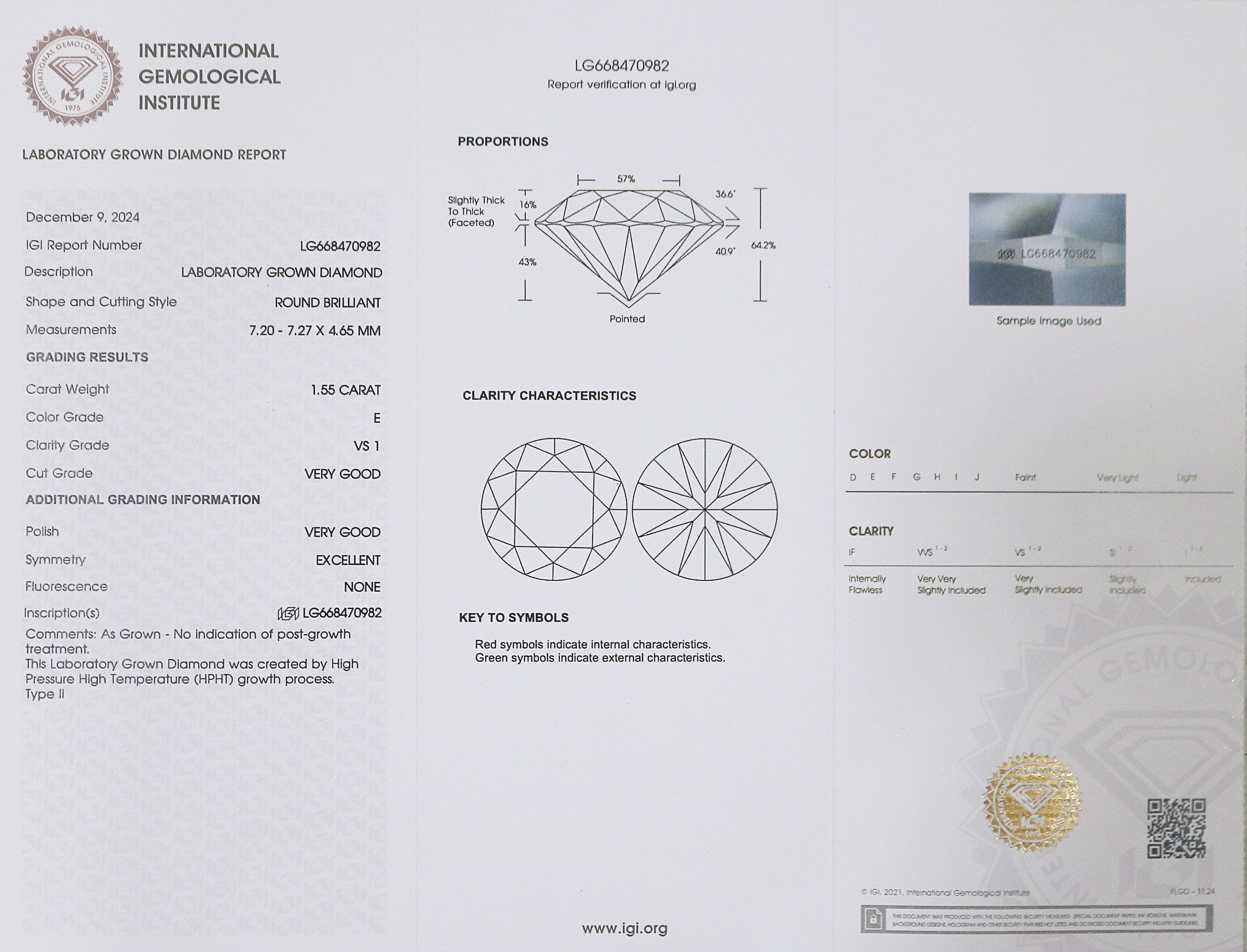 1.55 CT IGI Certified Round Brilliant Cut Diamond White - E Color VS1 Clarity Lab Grown Diamond Lab Created Diamond Round Diamond L3218