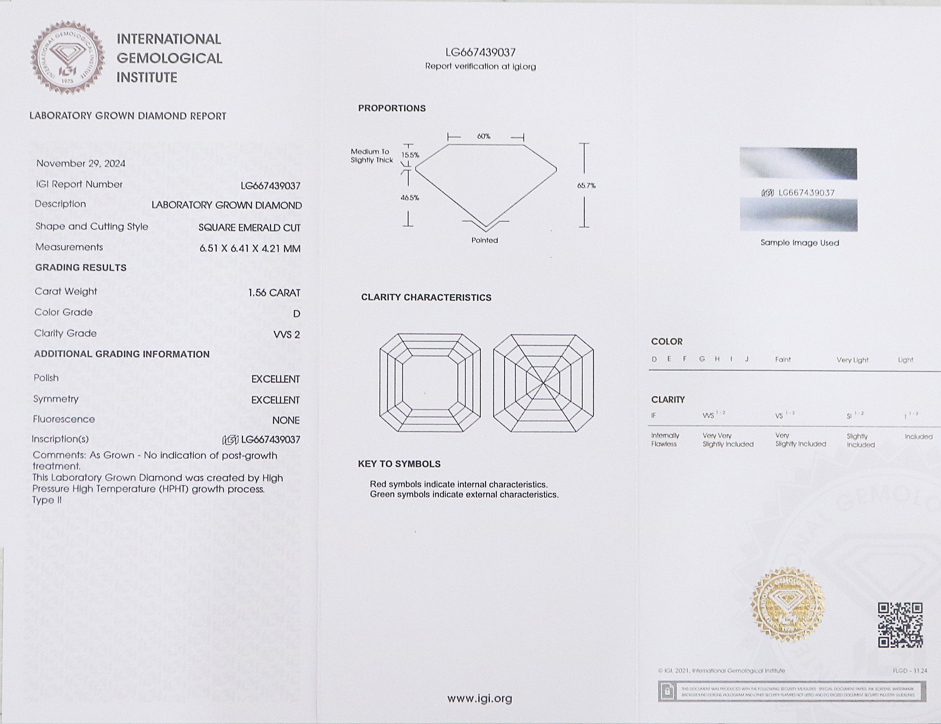 1.56 CT IGI Certified Square Emerald Cut Diamond White -D Color VVS2 Clarity Lab Grown Diamond Lab Created Emerald Diamond CVD Diamond L3246