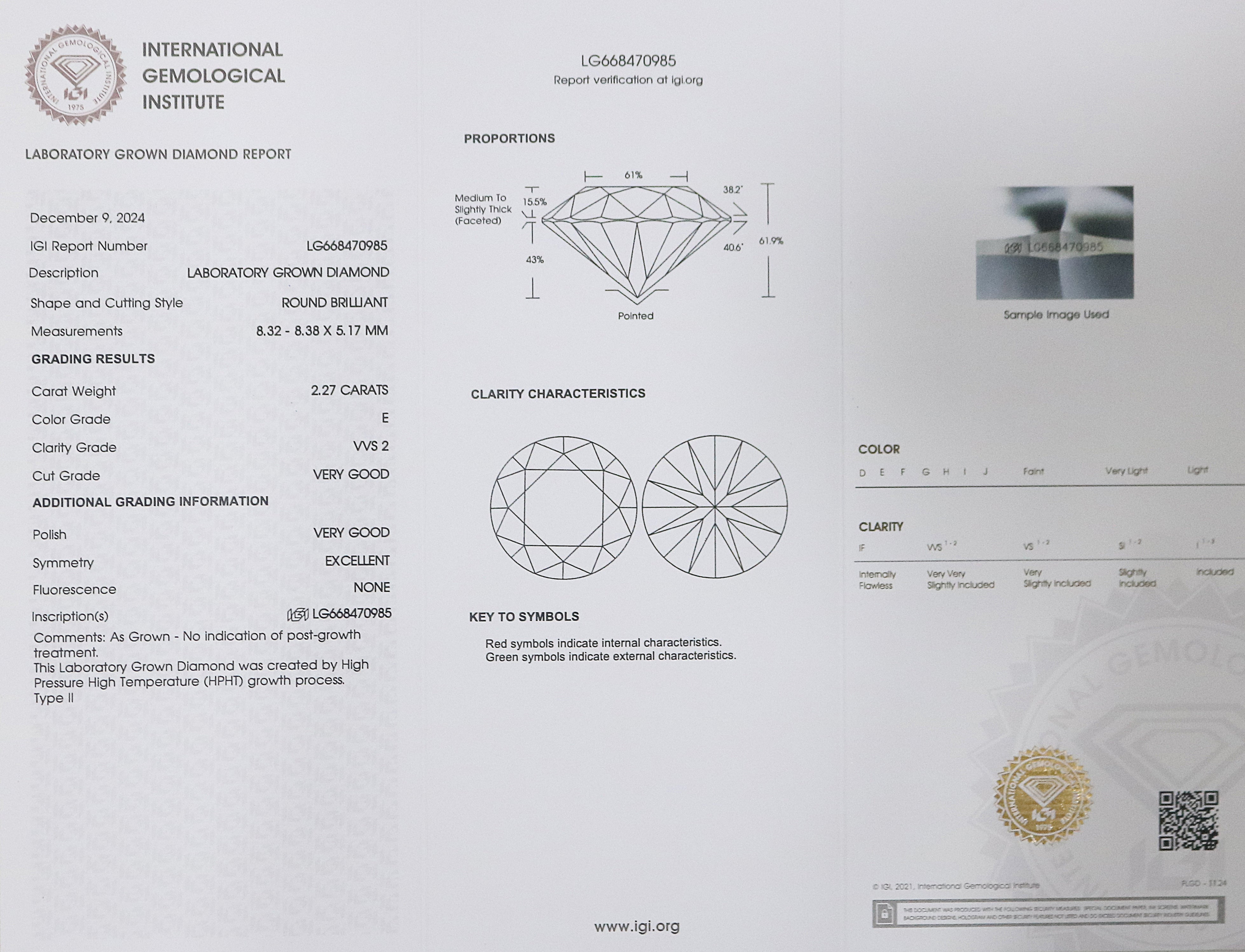 2.27 CT IGI Certified Round Brilliant Cut Diamond White - E Color VVS2 Clarity Lab Grown Diamond Lab Created Diamond Round Diamond L3222