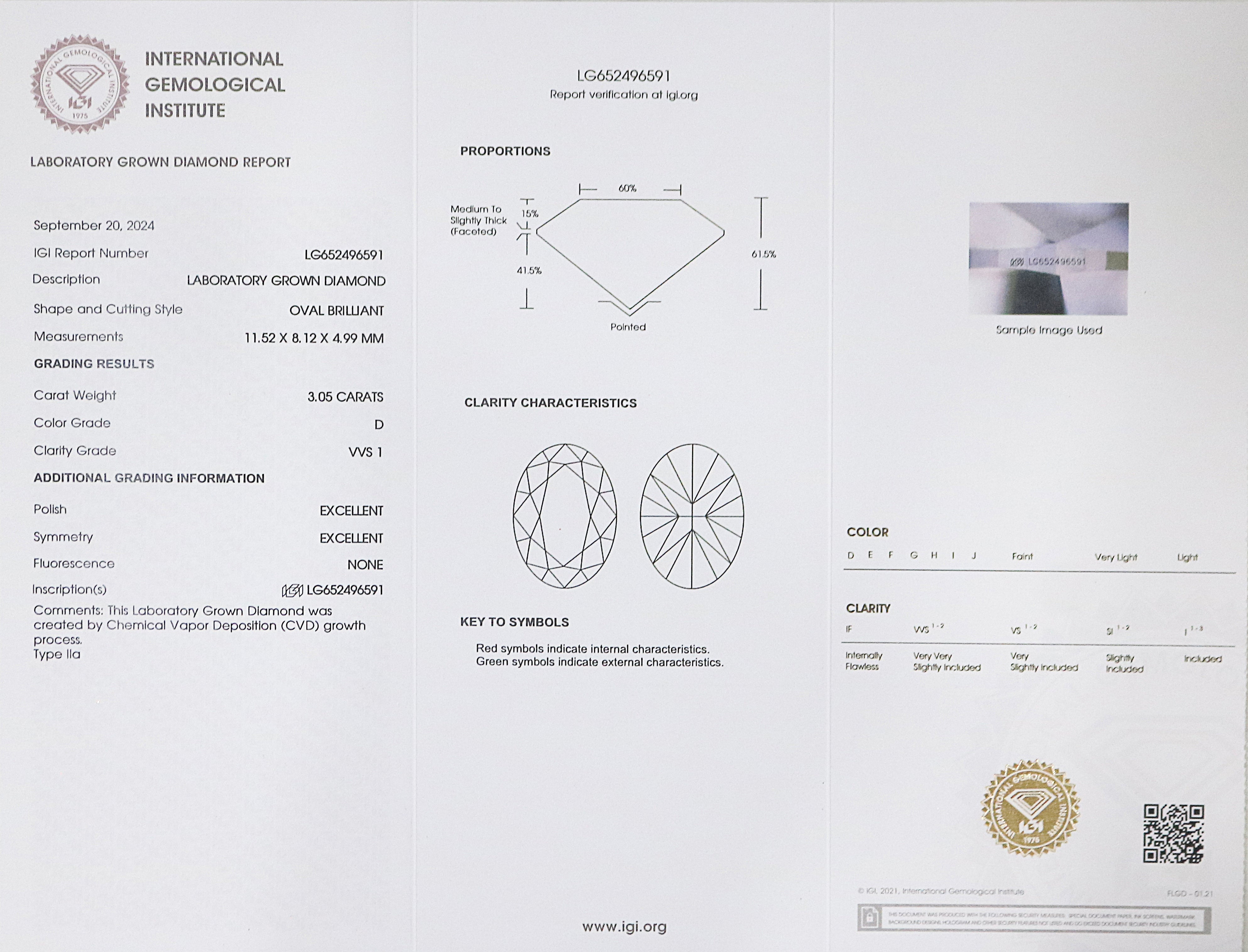 3.05 CT IGI Certified Oval Brilliant Cut Diamond White - D Color VVS1 Clarity Lab Grown Diamond Lab Created Oval Diamond CVD Diamond Q196