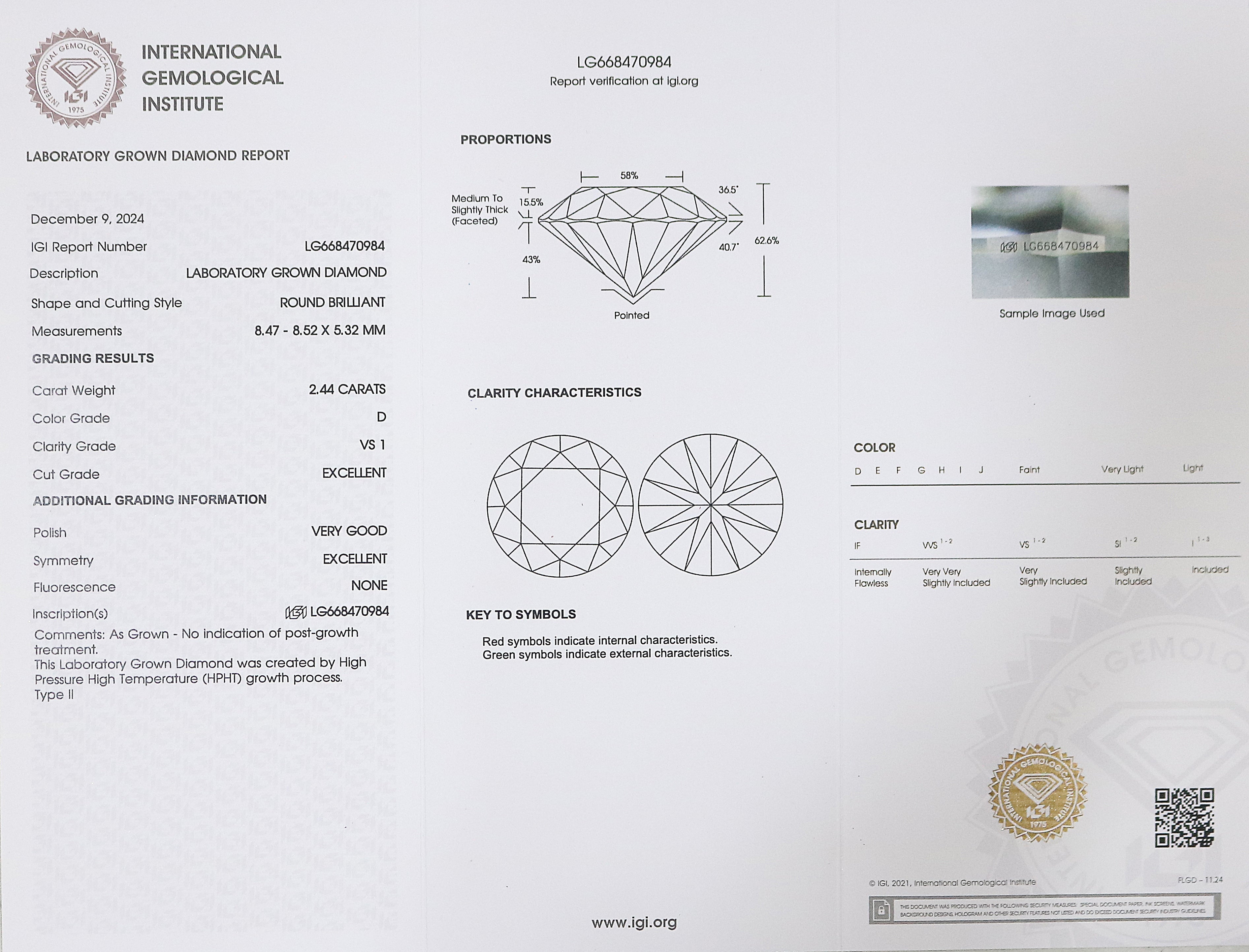 2.44 CT IGI Certified Round Brilliant Cut Diamond White - D Color VS1 Clarity Lab Grown Diamond Lab Created Diamond Round Diamond L3223