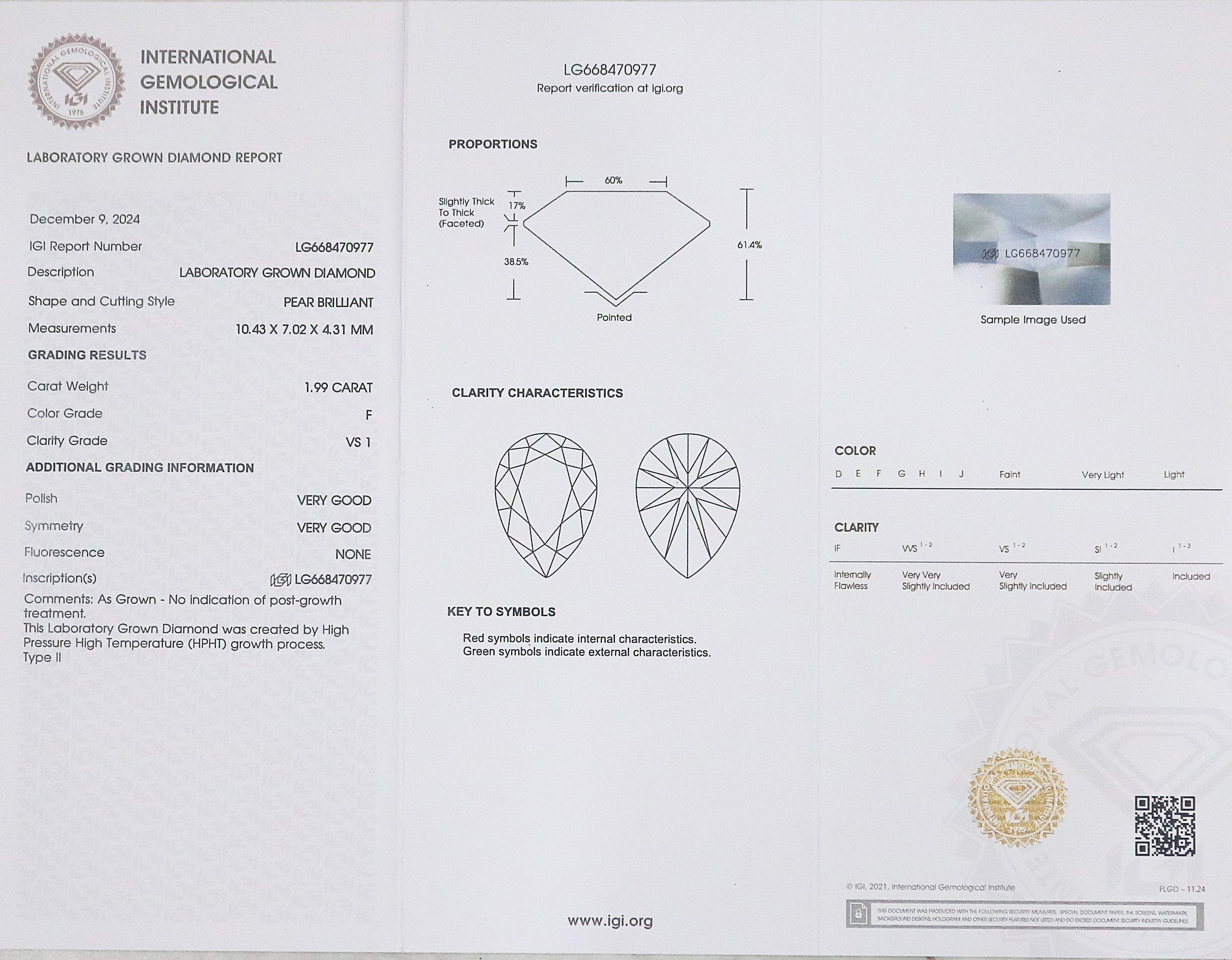 1.99 CT IGI Certified Pear Brilliant Cut Diamond White - F Color VS1 Clarity Lab Grown Diamond Lab Created Pear Diamond CVD Diamond L3247