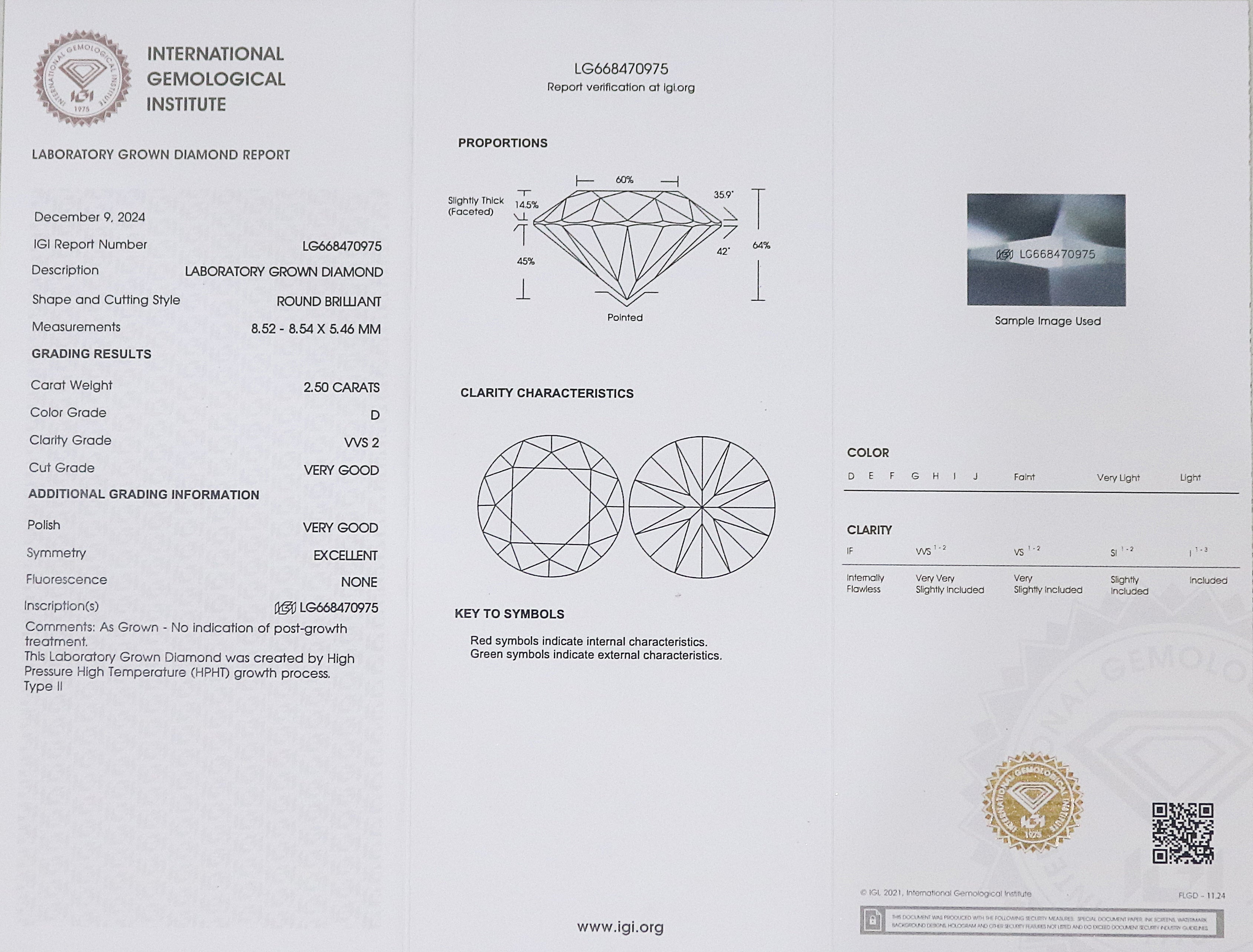 2.50 CT IGI Certified Round Brilliant Cut Diamond White - D Color VVS2 Clarity Lab Grown Diamond Lab Created Diamond Round Diamond L3249