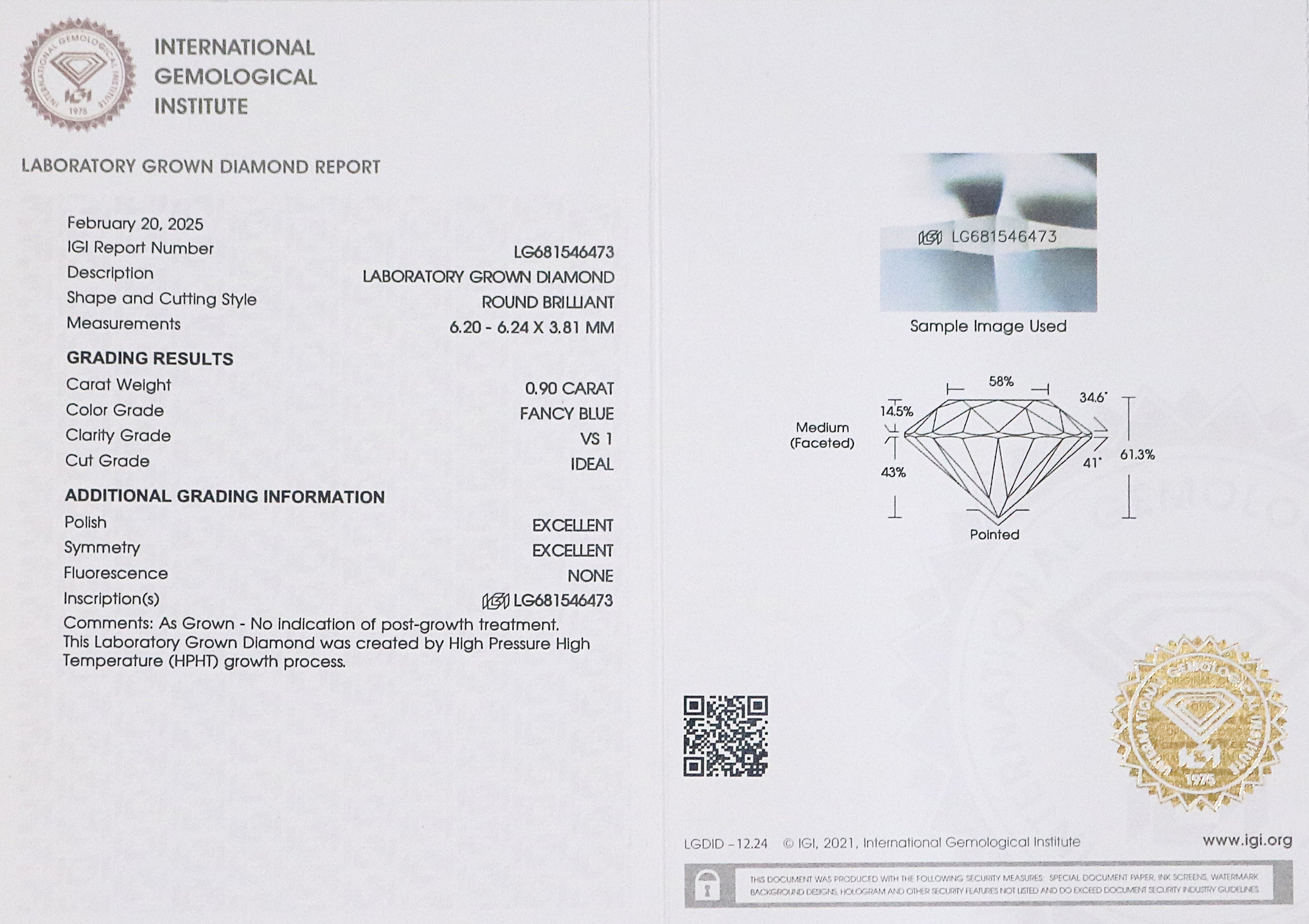 0.90 CT IGI Certified Round Brilliant Cut Fancy Blue Color VS1 Clarity Diamond Lab Grown Diamond Lab Created Round Diamond CVD Diamond L3283