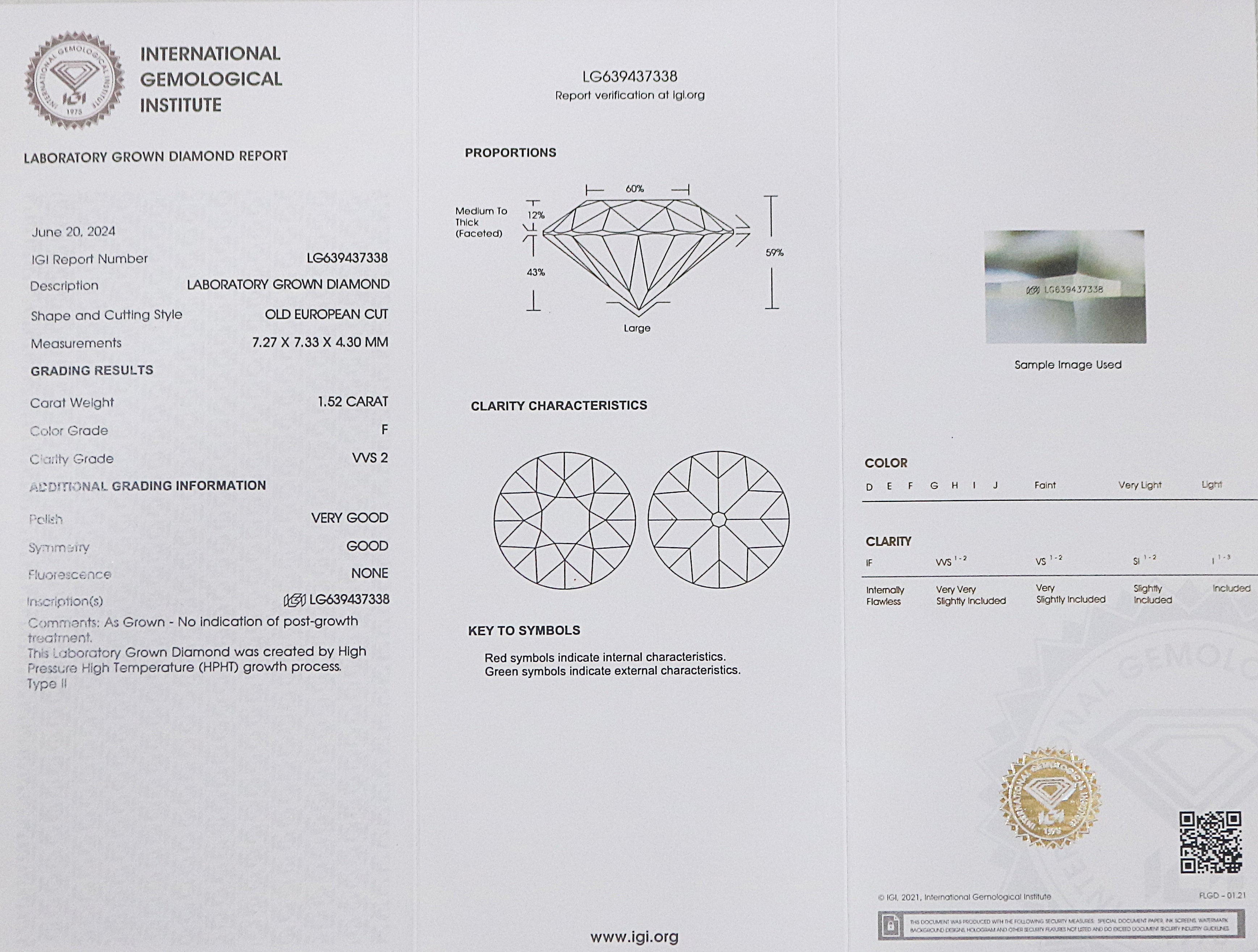 1.52 CT IGI Certified Old European Cut Diamond White - F Color VVS2 Clarity Lab Grown Diamond Lab Crated Round Old Cut CVD Diamond Q179