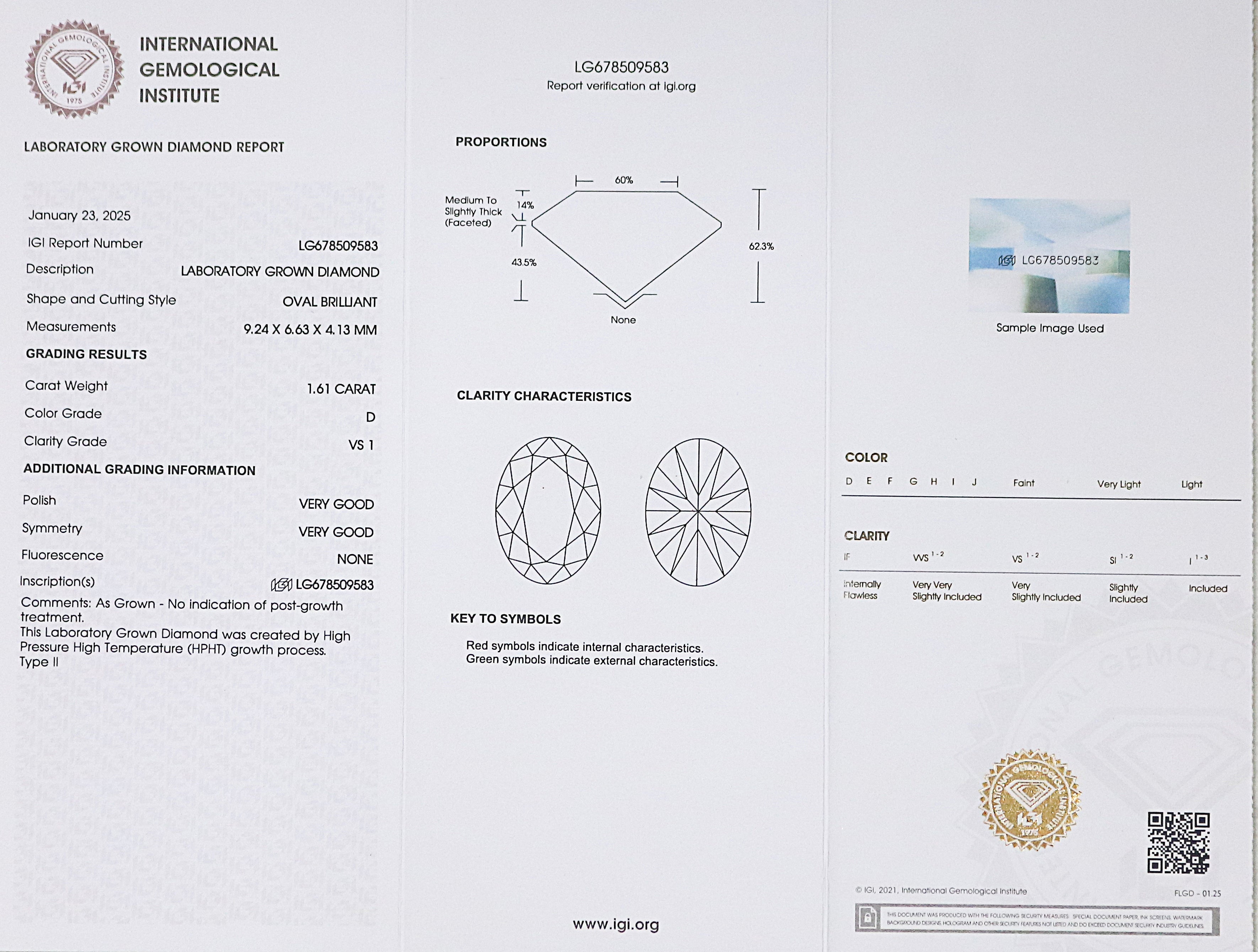 1.61 CT IGI Certified Oval Brilliant Cut Diamond White - D Color VS1 Clarity Lab Grown Diamond Lab Created Oval Diamond CVD Diamond L3258