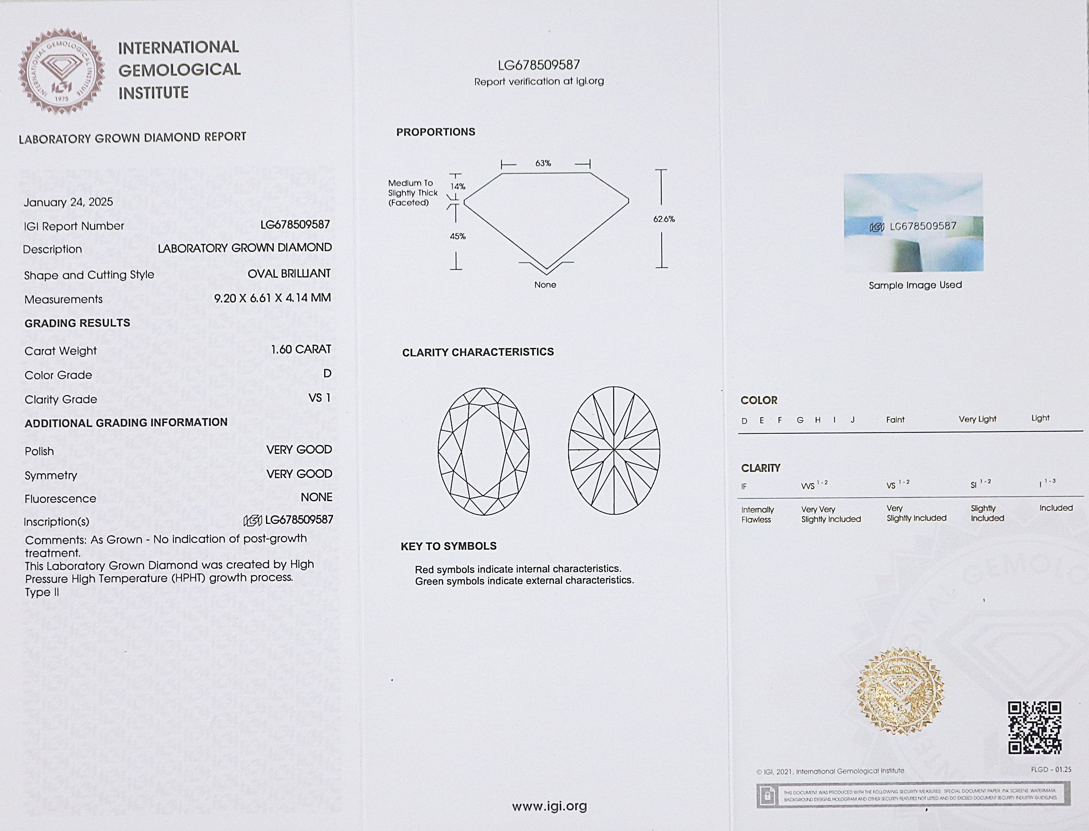 1.60 CT IGI Certified Oval Brilliant Cut Diamond White - D Color VS1 Clarity Lab Grown Diamond Lab Created Oval Diamond CVD Diamond L3257