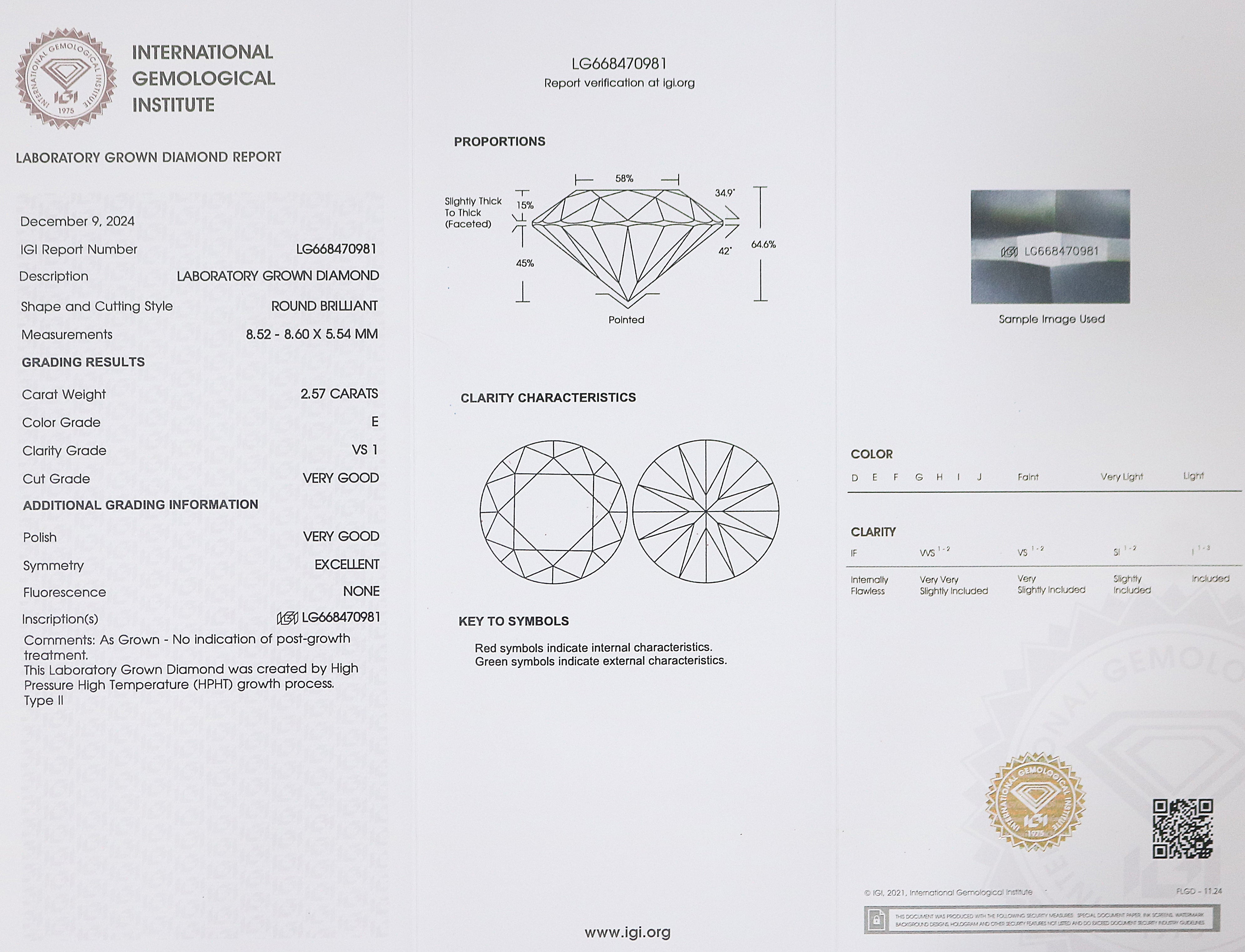 2.57 CT IGI Certified Round Brilliant Cut Diamond White - E Color VS1 Clarity Lab Grown Diamond Lab Created Diamond Round Diamond L3219