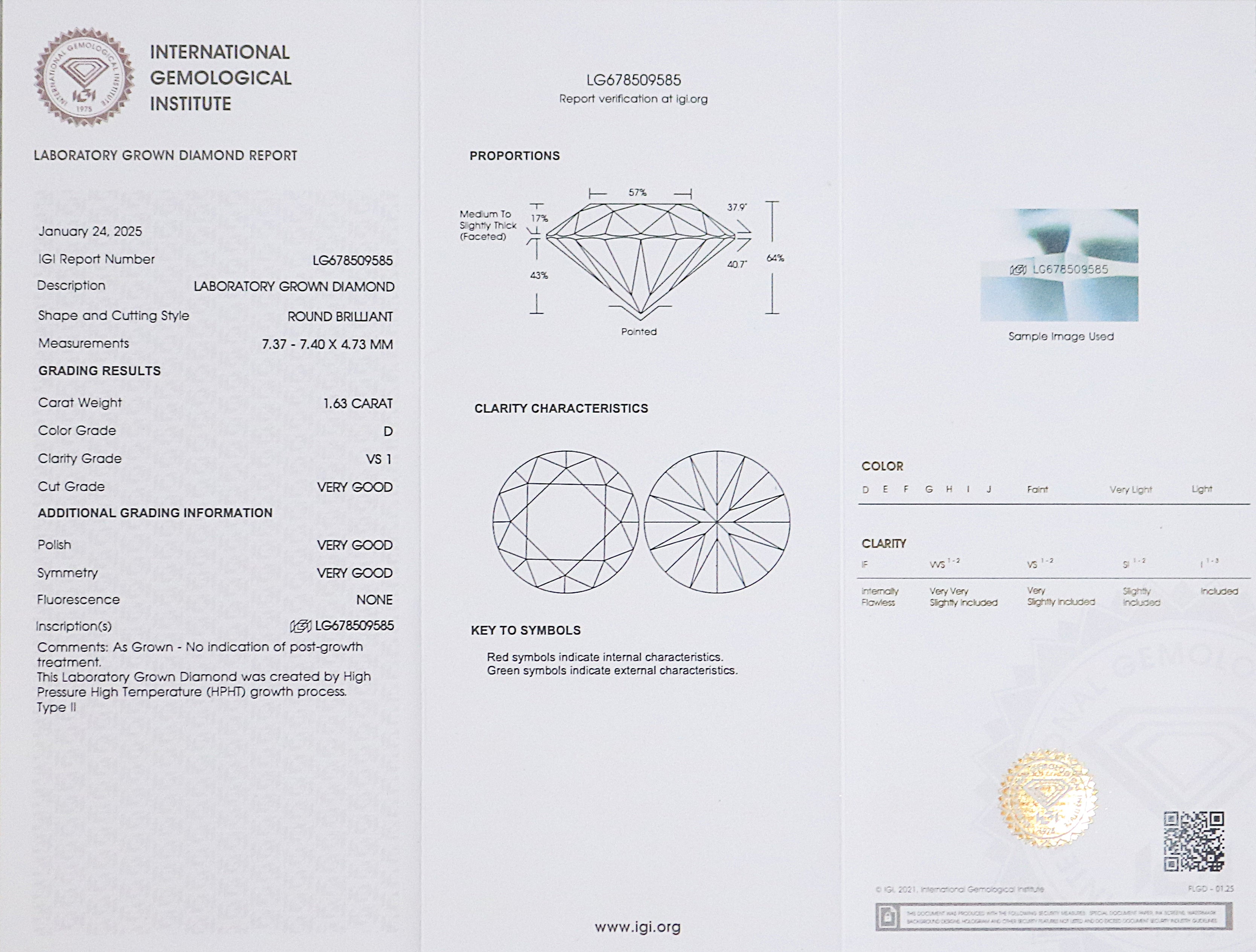 1.63 CT IGI Certified Round Brilliant Cut Diamond White - D Color VS1 Clarity Lab Grown Diamond Lab Created Diamond Round Diamond L3253