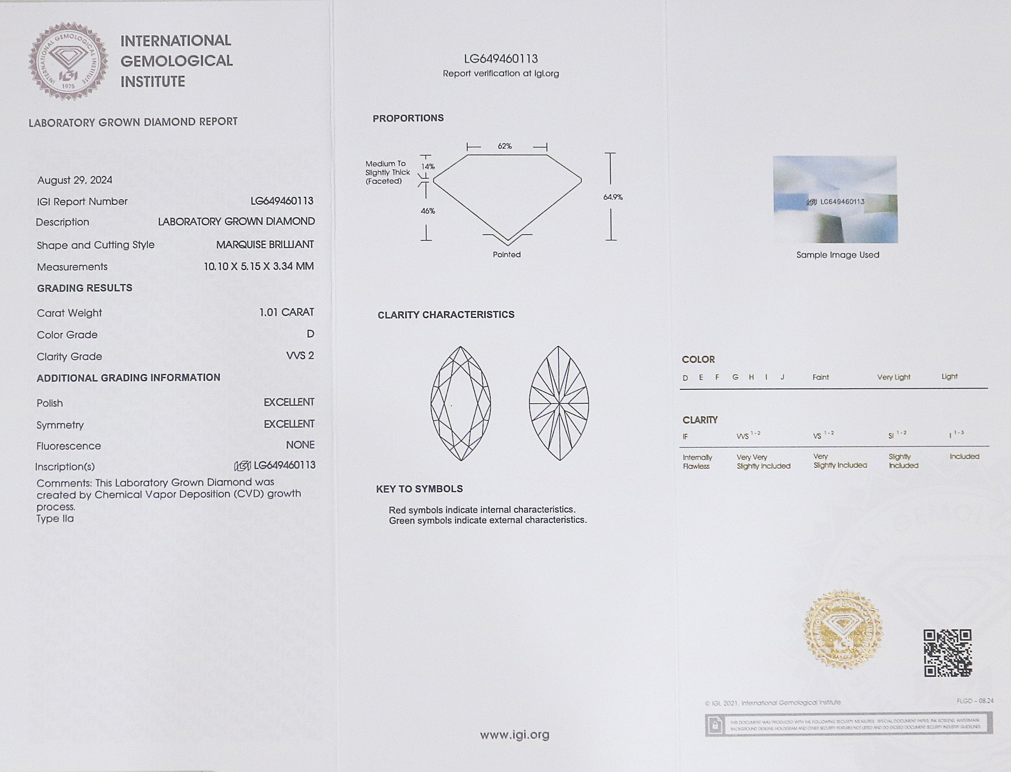 1.01 CT IGI Certified Marquise Brilliant Cut Diamond White-D Color VVS2 Clarity Lab Grown Diamond Lab Created Marquise Cut CVD Diamond L3244