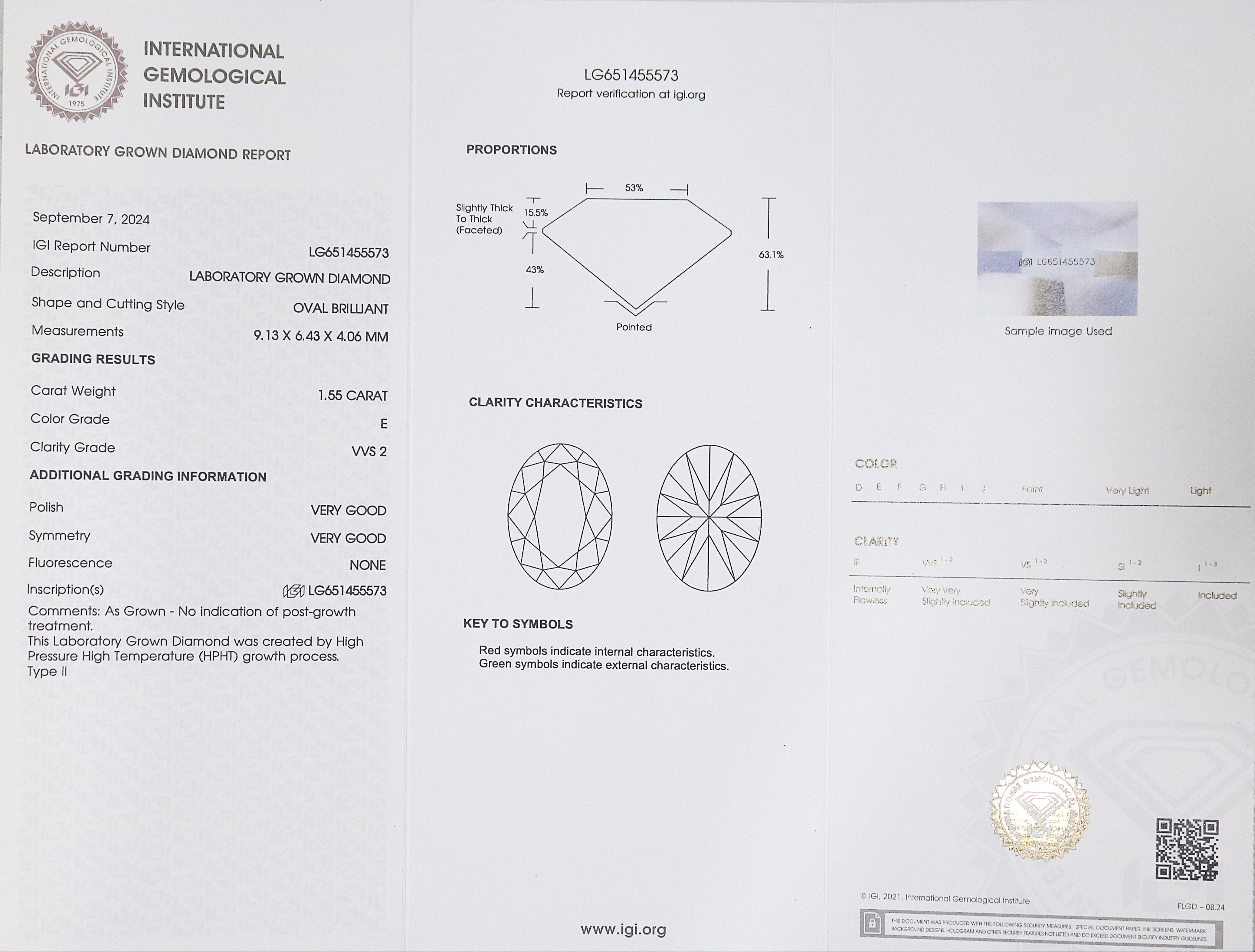 1.55 CT IGI Certified Oval Brilliant Cut Diamond White - E Color VVS2 Clarity Lab Grown Diamond Lab Created Oval Diamond CVD Diamond Q189