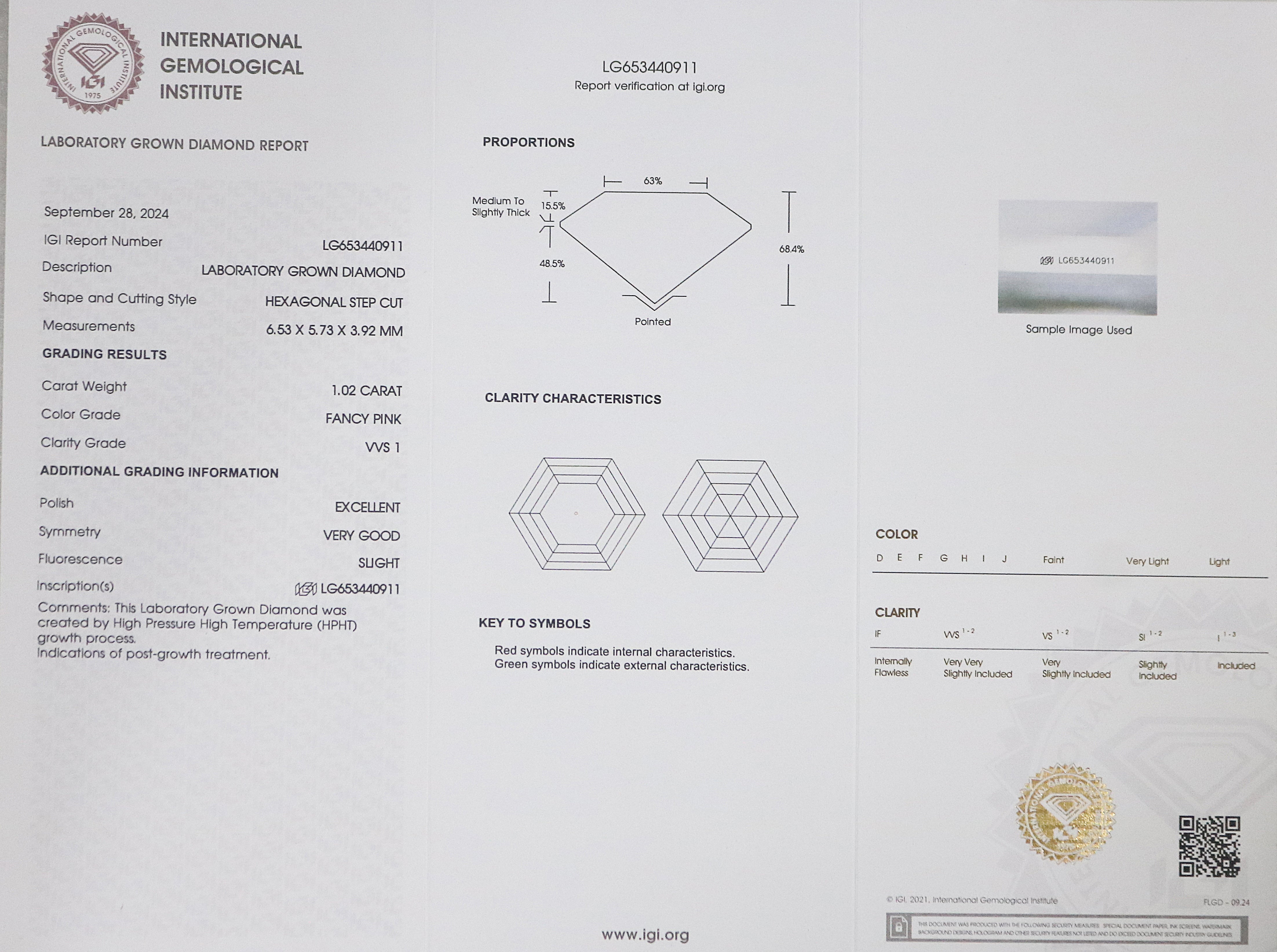 1.02 CT IGI Certified Hexagonal Step Cut Diamond Fancy Pink Color VVS1 Clarity Lab Grown Diamond Lab Created Hexagon CVD Diamond Q201