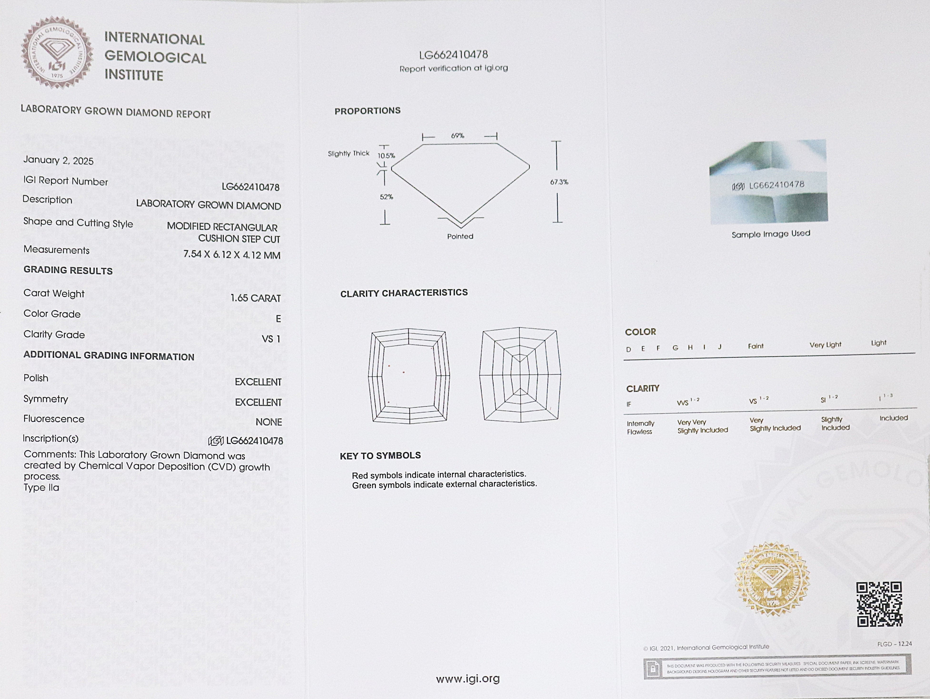 1.65 CT IGI Certified Modified Rectangular Cushion Step Cut Diamond White -E Color VS1 Clarity Lab Grown CVD Lab Created Diamond L3235