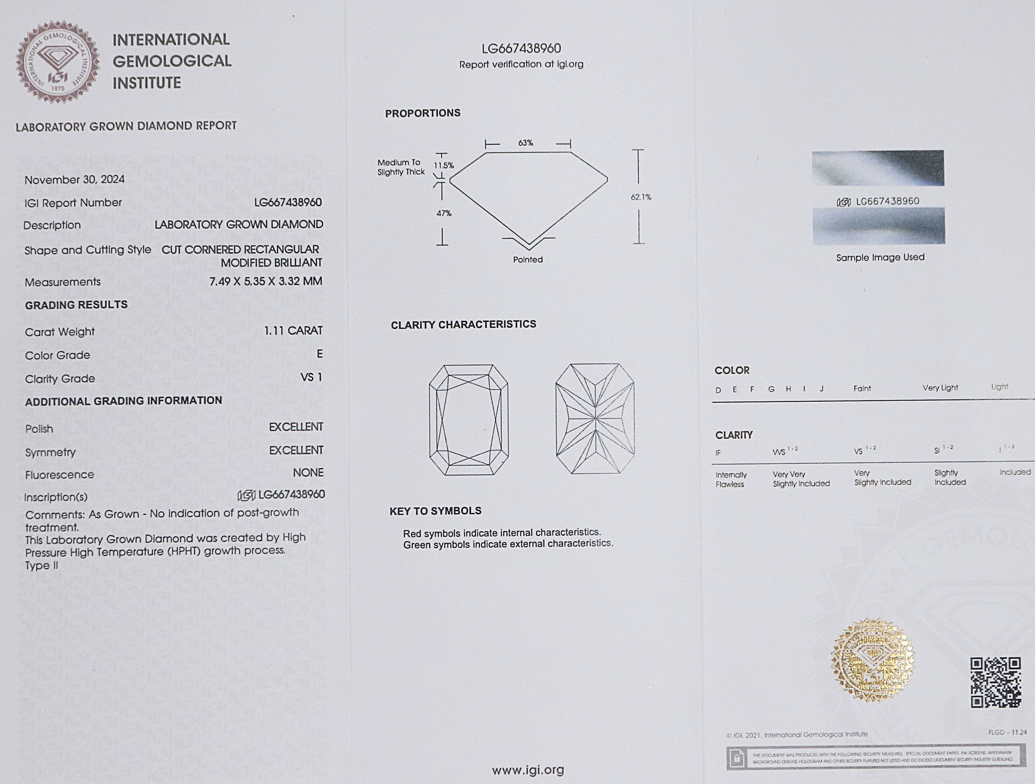 1.11 CT IGI Certified Radiant Brilliant Cut White-E Color VS1 Clarity Diamond Radiant Lab Grown CVD Diamond Lab Created Diamond L3232