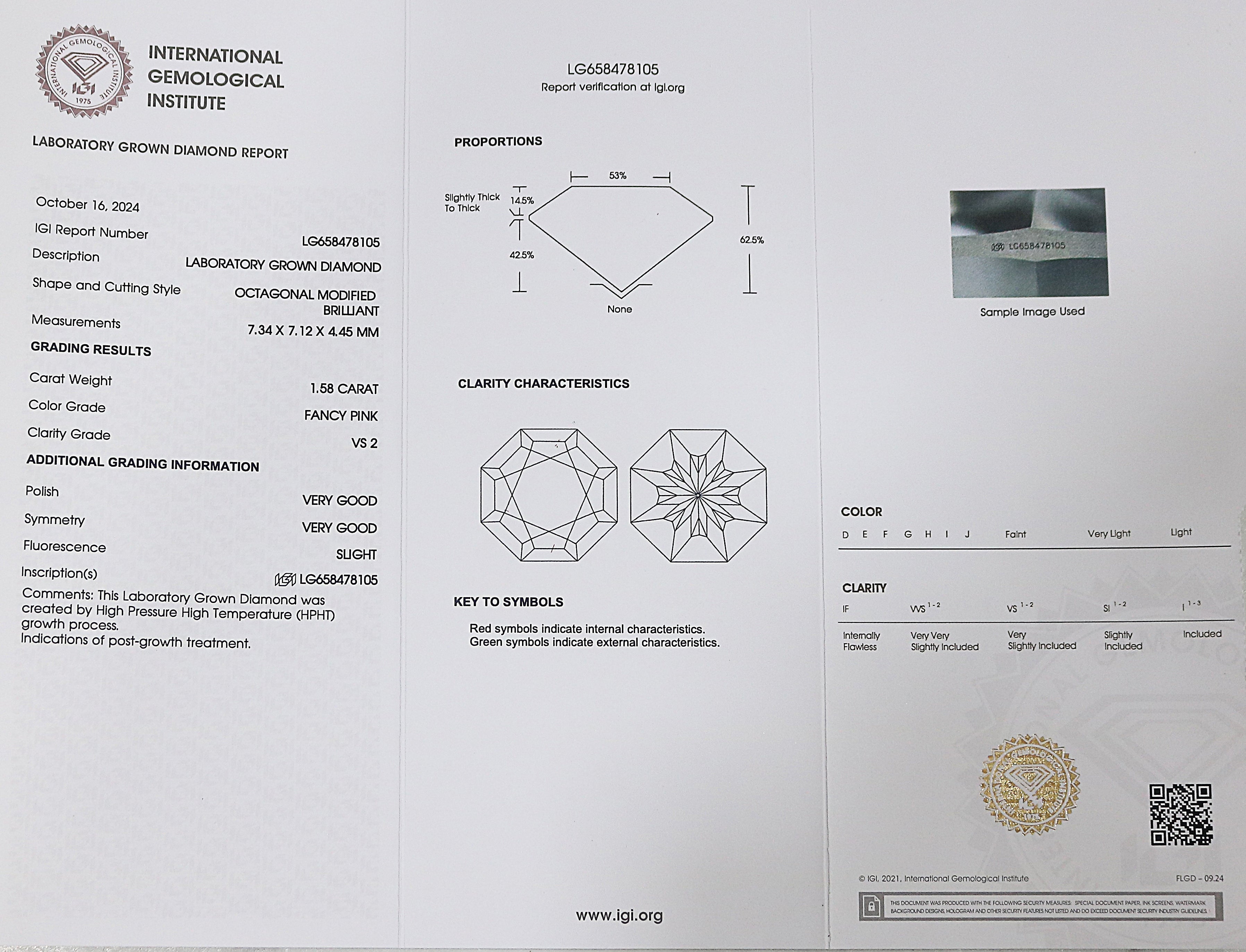 1.58 CT IGI Certified Octagonal Modified Brilliant Cut Fancy Pink Color VS2 Clarity Diamond Lab Grown CVD Diamond Lab Created Diamond L3207