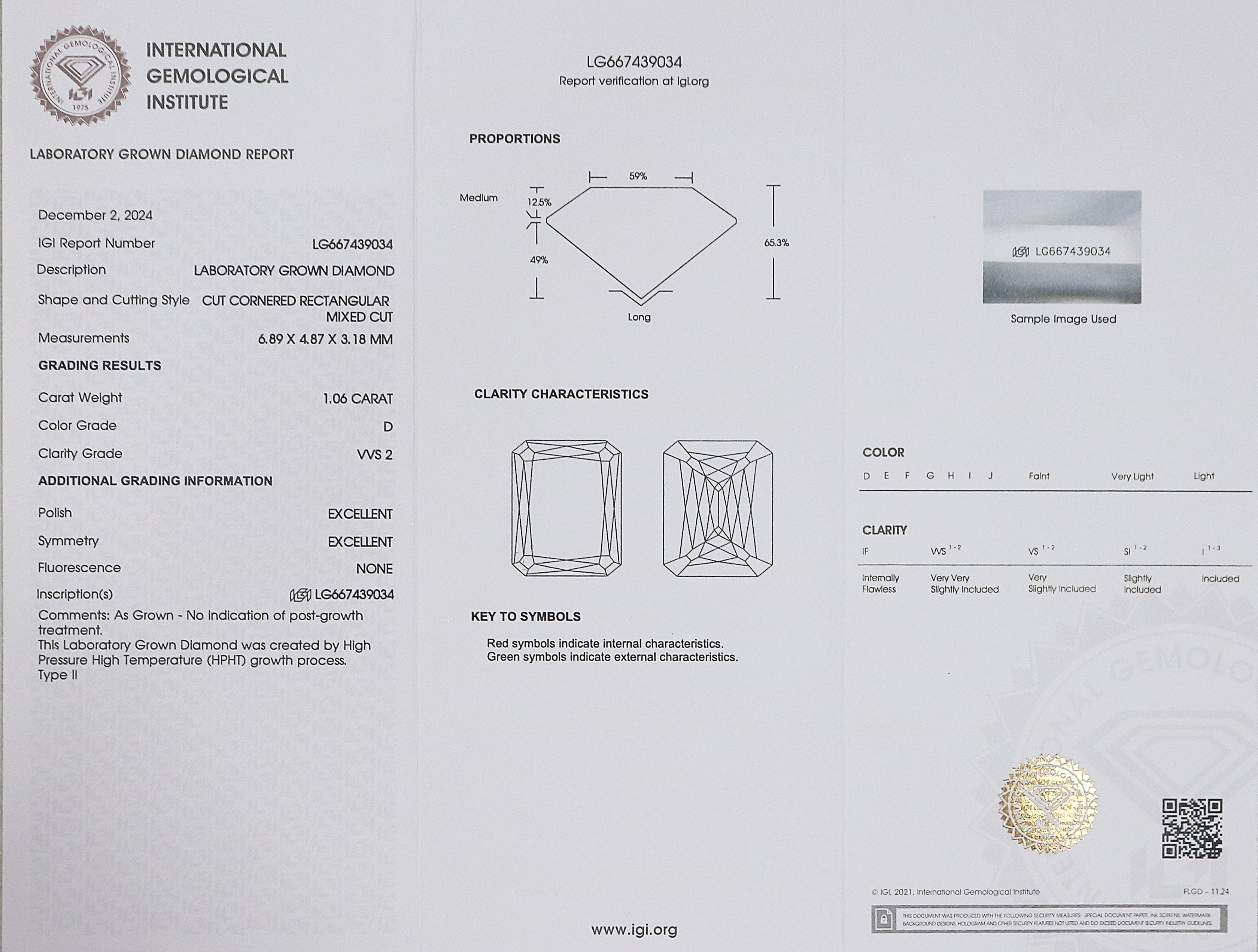 1.06 CT IGI Certified Cut Cornered Rectangular Mixed Cut Diamond White - D Color VVS2 Clarity Lab Grown Diamond Lab Created Diamond L3229