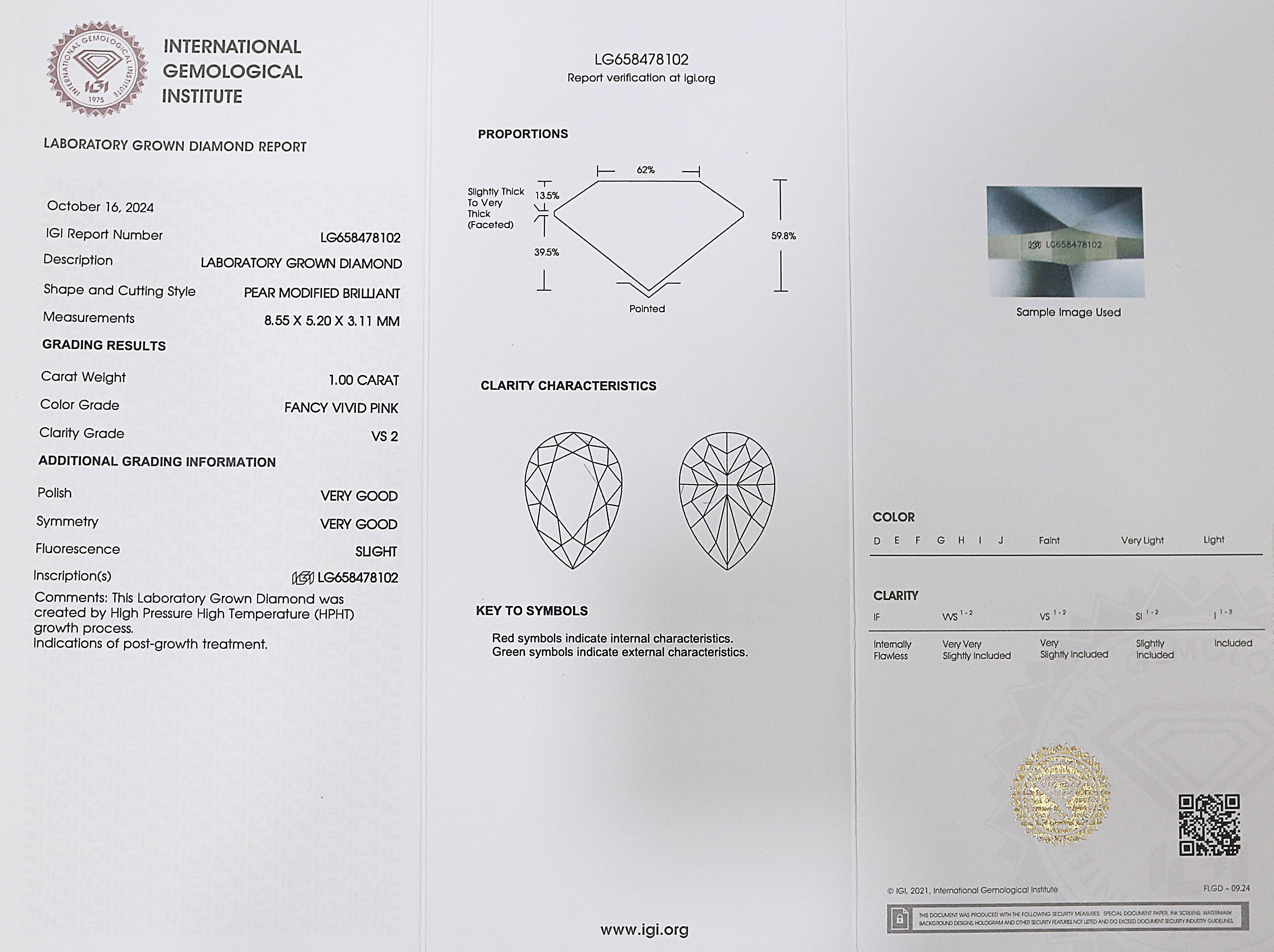 1.00 CT IGI Certified Pear Modified Brilliant Cut Diamond Fancy Vivid Pink Color VS2 Clarity Lab Grown CVD Diamond Lab Created Diamond L3205