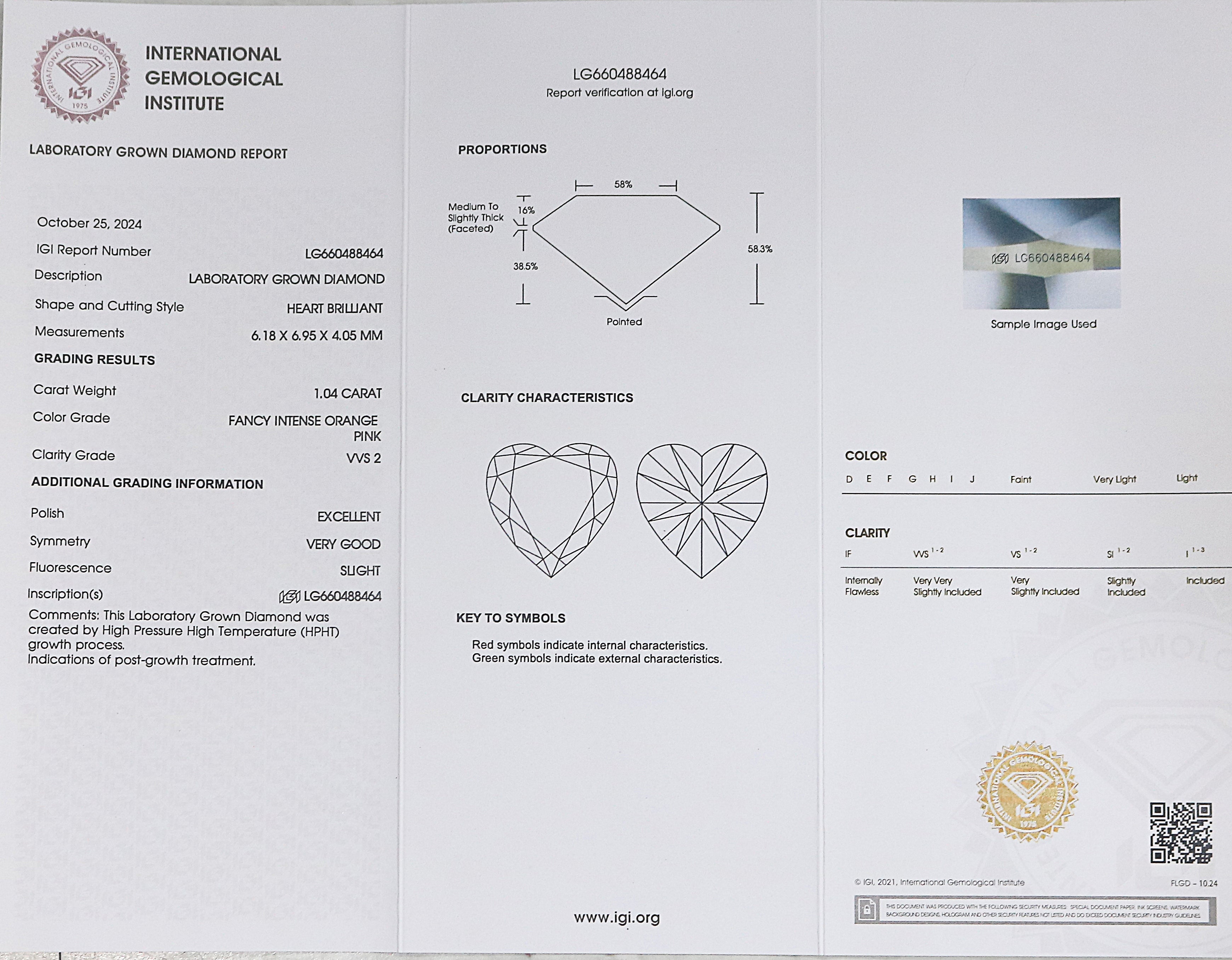 1.04 CT IGI Certified Heart Brilliant Cut Fancy Intense Orange Pink Color VVS2 Clarity Diamond Lab Created Diamond Heart CVD Diamond L3224