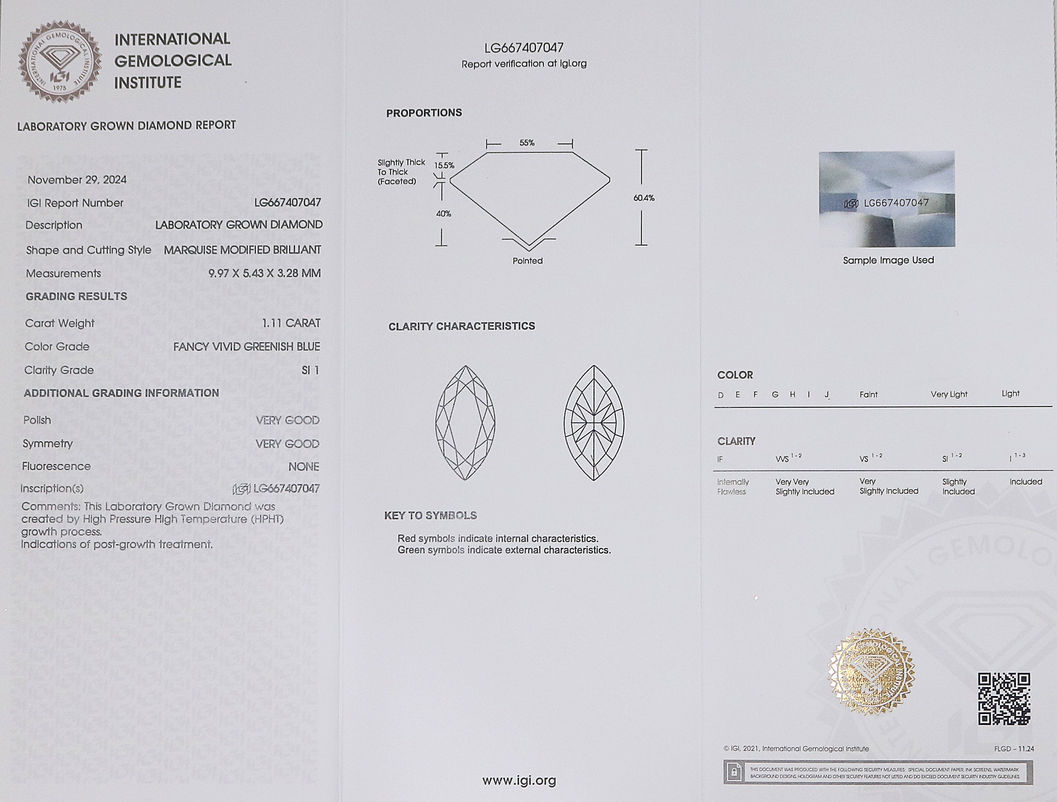 1.11 CT IGI Certified Marquise Modified Brilliant Cut Fancy Vivid Greenish Blue Color SI1 Clarity Diamond CVD Lab Created Diamond L3227