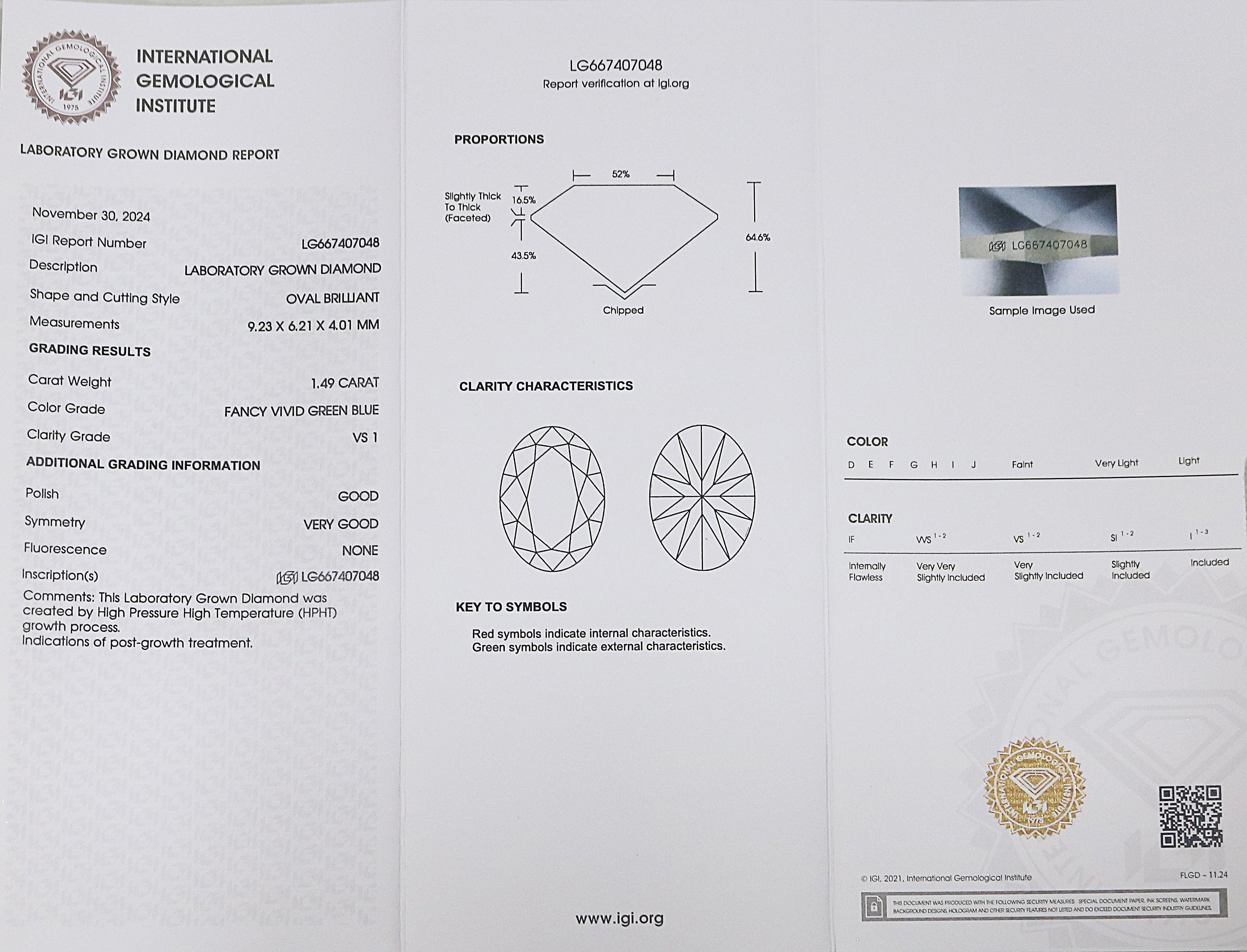 1.49 CT IGI Certified Oval Brilliant Cut Diamond Fancy Vivid Green Blue Color VS1 Clarity Lab Created Oval Diamond CVD Diamond LQ3225