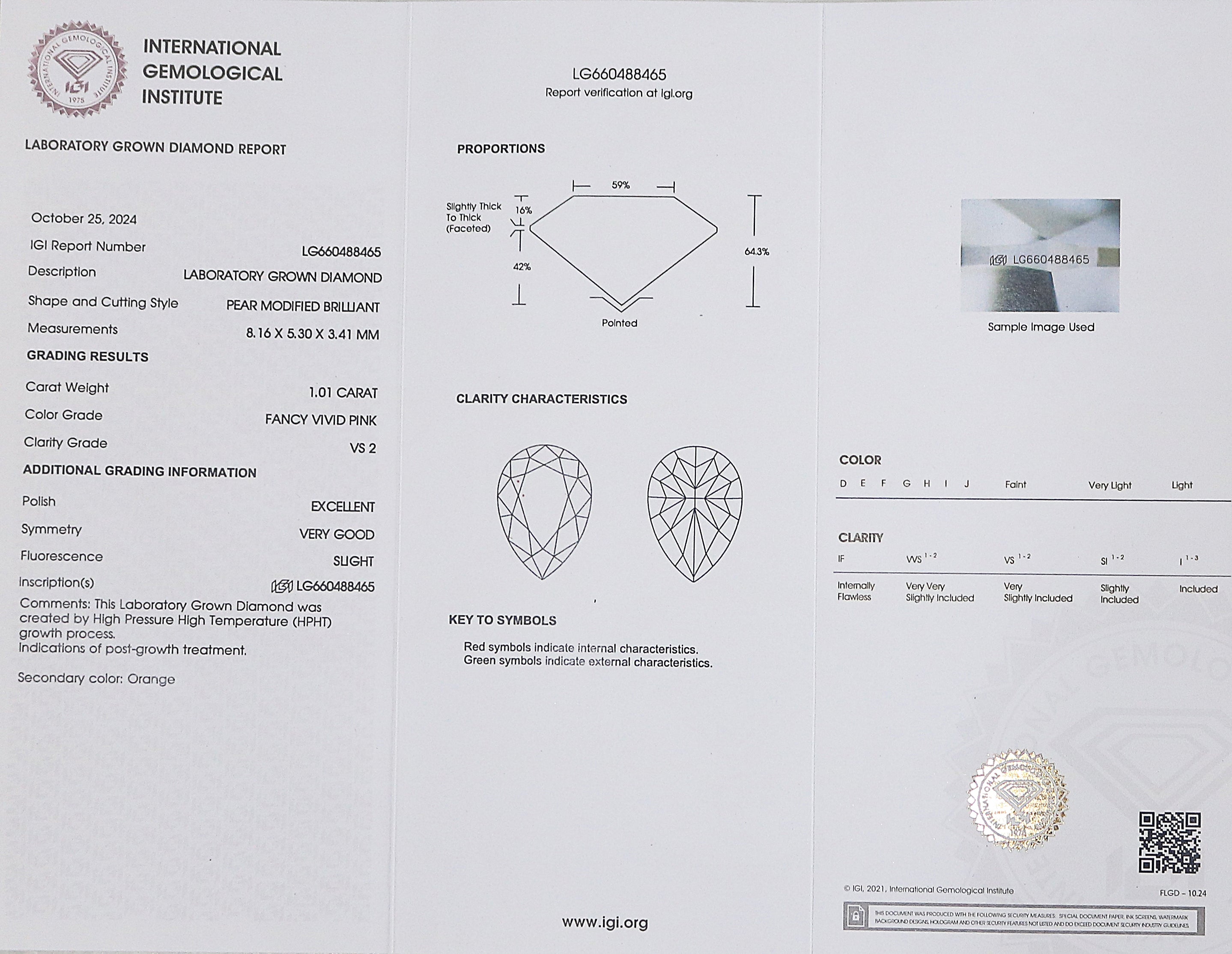 1.01 CT IGI Certified Pear Modified Brilliant Cut Diamond Fancy Vivid Pink Color VS2 Clarity Lab Grown CVD Diamond Lab Created Diamond L3226