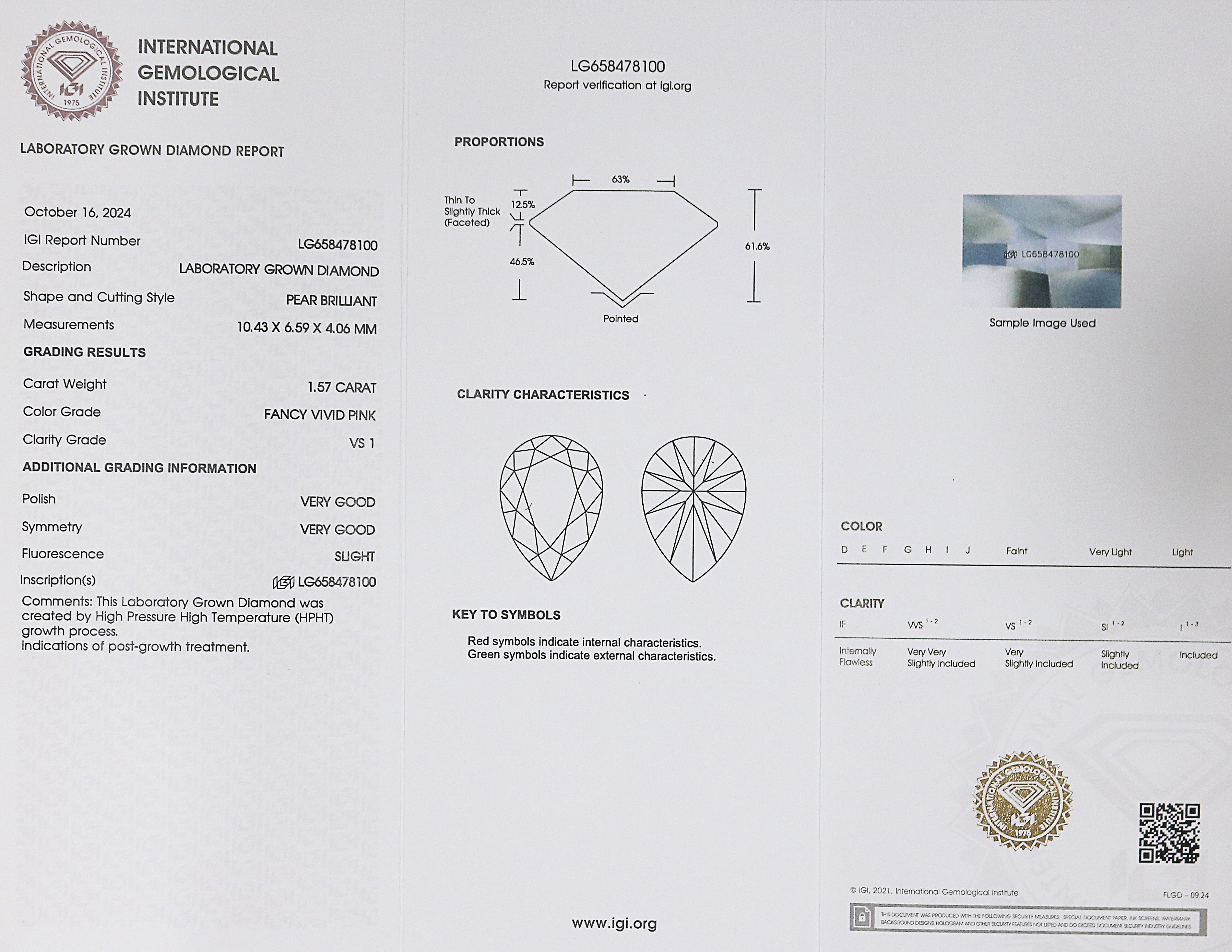 1.57 CT IGI Certified Pear Brilliant Cut Diamond Fancy Vivid Pink Color VS1 Clarity Lab Grown Diamond Lab Created Pear CVD Diamond L3203