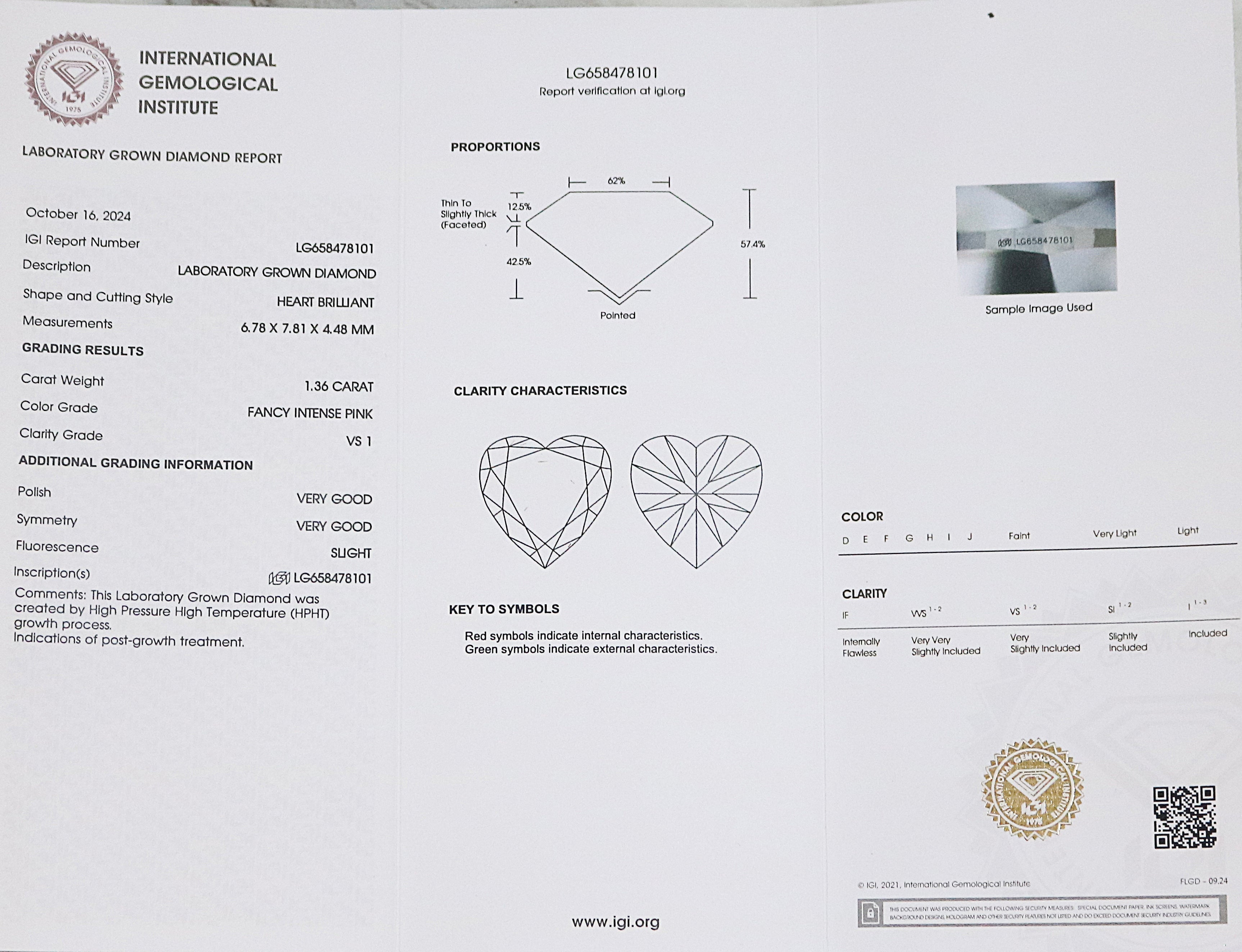 1.36 CT IGI Certified Heart Brilliant Cut Fancy Intense Pink Color VS1 Clarity Diamond Lab Grown Diamond Lab Created Heart CVD Diamond L3201