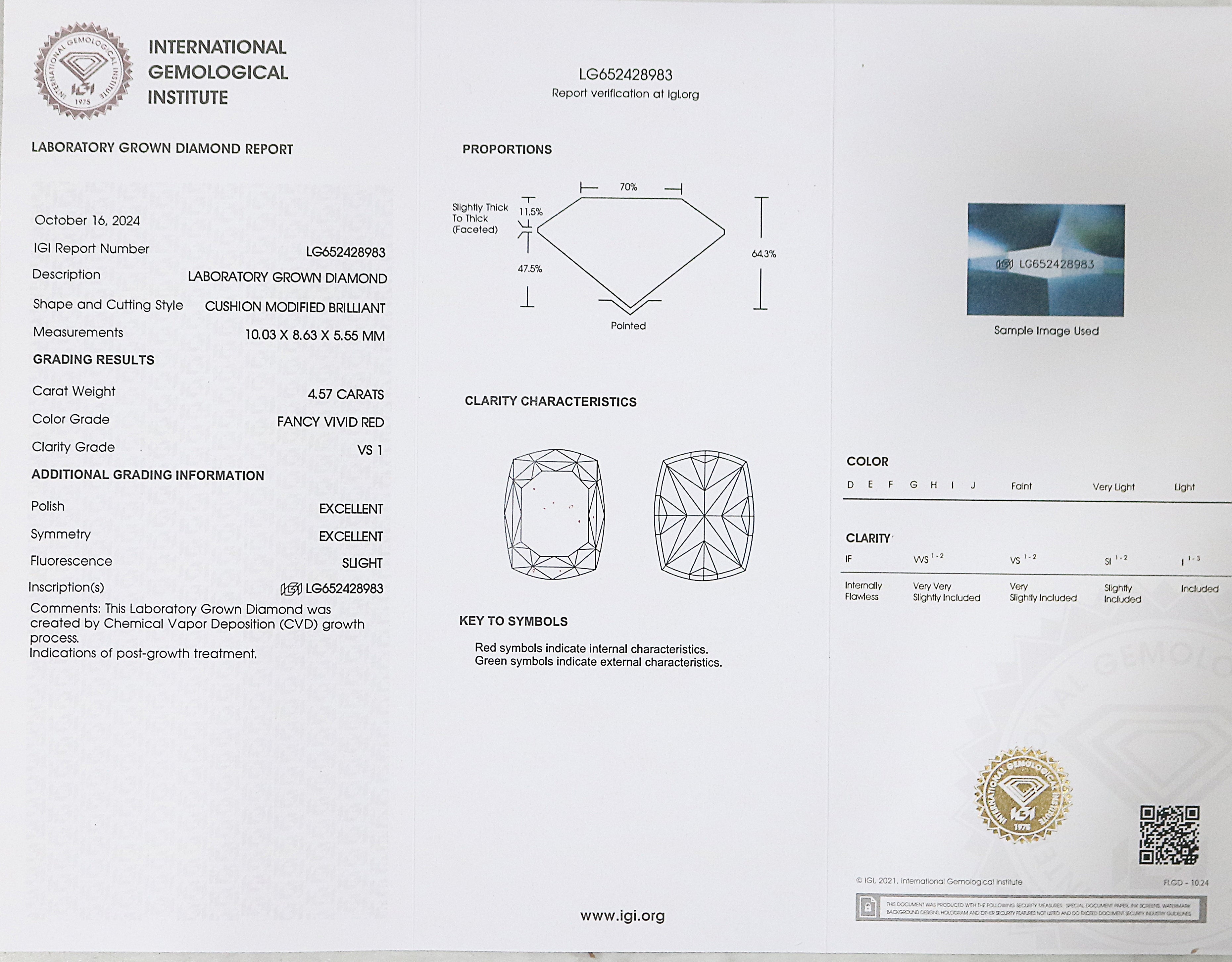 4.57 CT IGI Certified Cushion Modified Brilliant Cut Fancy Vivid Red Color VS1 Clarity Diamond Lab Grown CVD Lab Created Diamond L3197