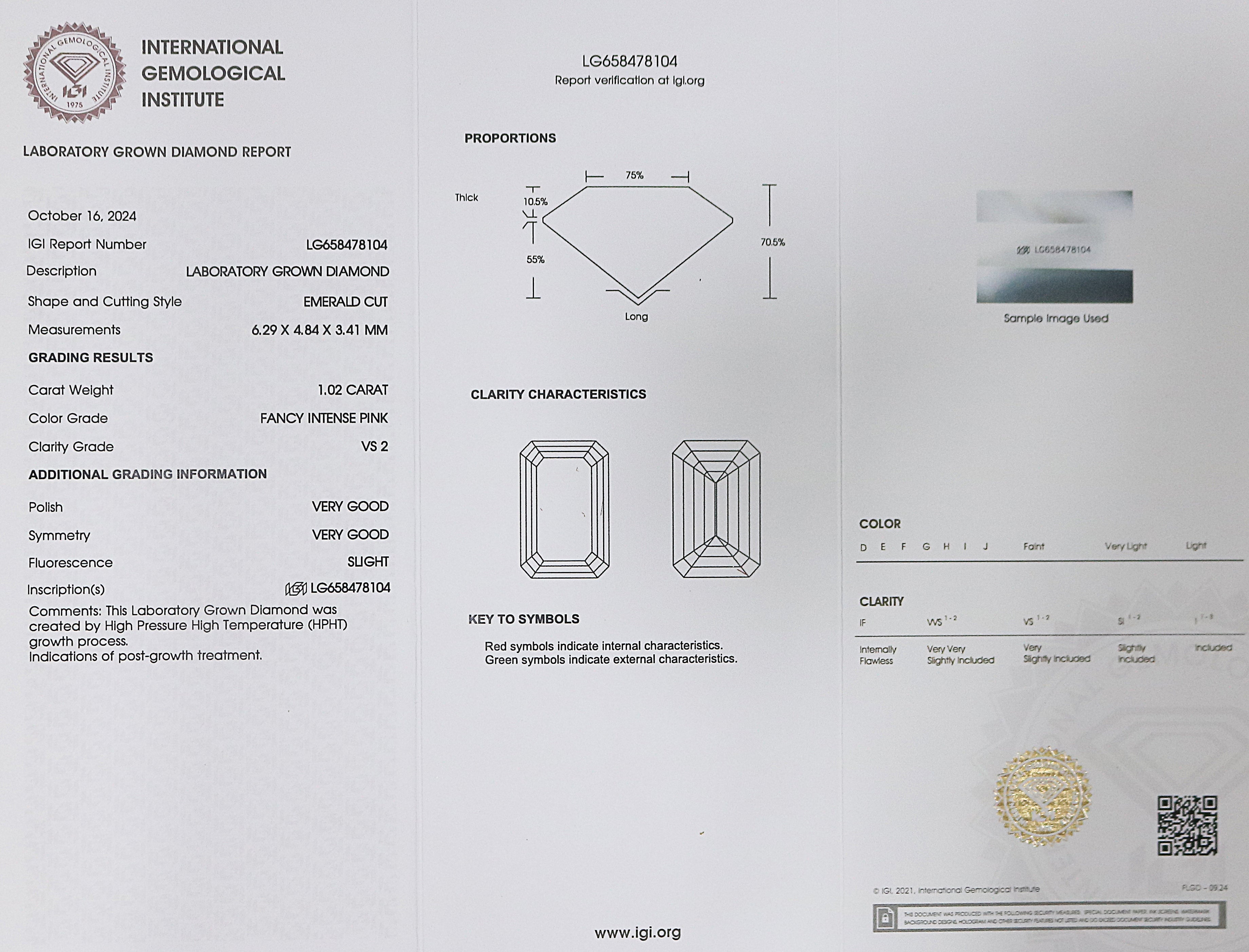 1.02 CT IGI Certified Emerald Cut Fancy Intense Pink Color VS2 Clarity Diamond Lab Grown Diamond Lab Created Emerald CVD Diamond L3199