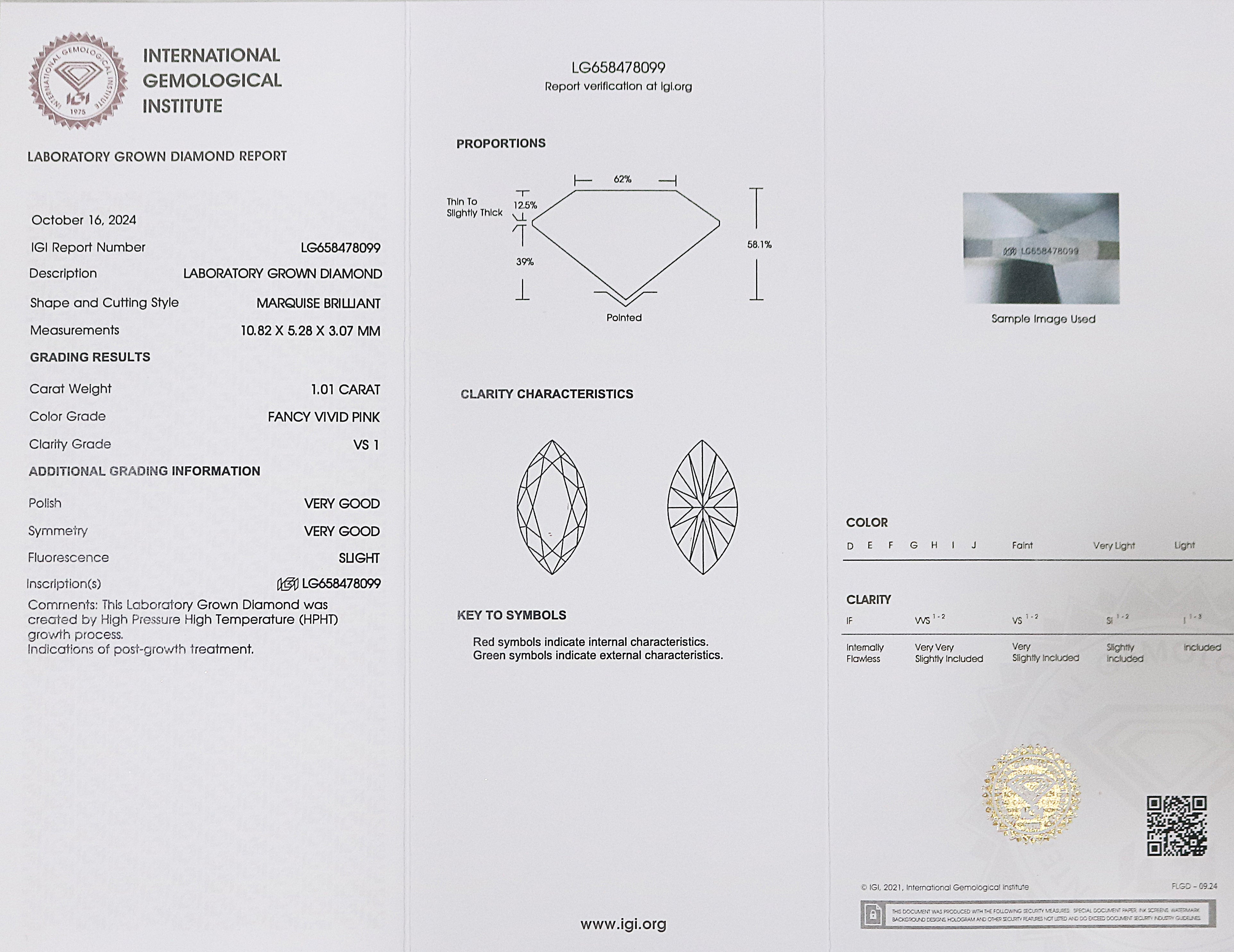 1.01 CT IGI Certified Marquise Brilliant Cut Fancy Vivid Pink Color VS1 Clarity Diamond Lab Grown CVD Diamond Lab Created Diamond L3206