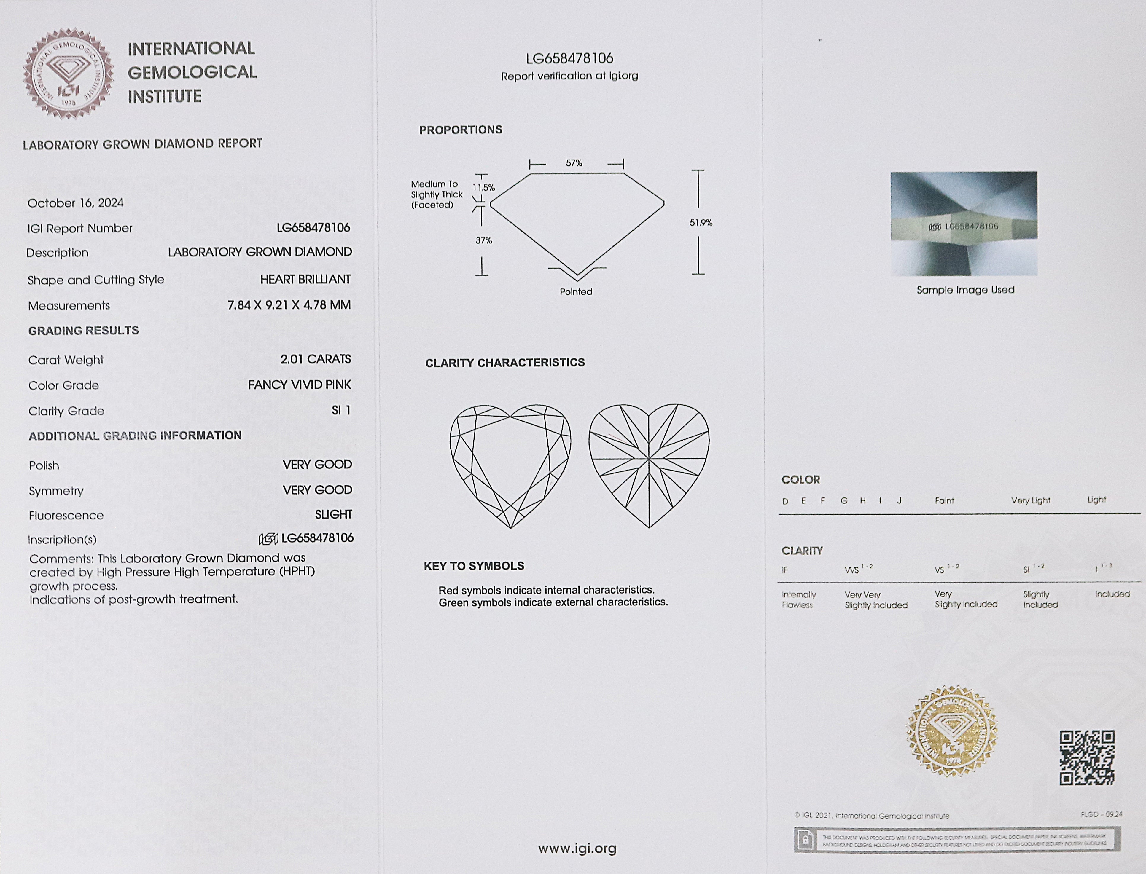 2.01 CT IGI Certified Heart Brilliant Cut Fancy Vivid Pink Color SI1 Clarity Diamond Lab Grown Diamond Lab Created Heart CVD Diamond L3204