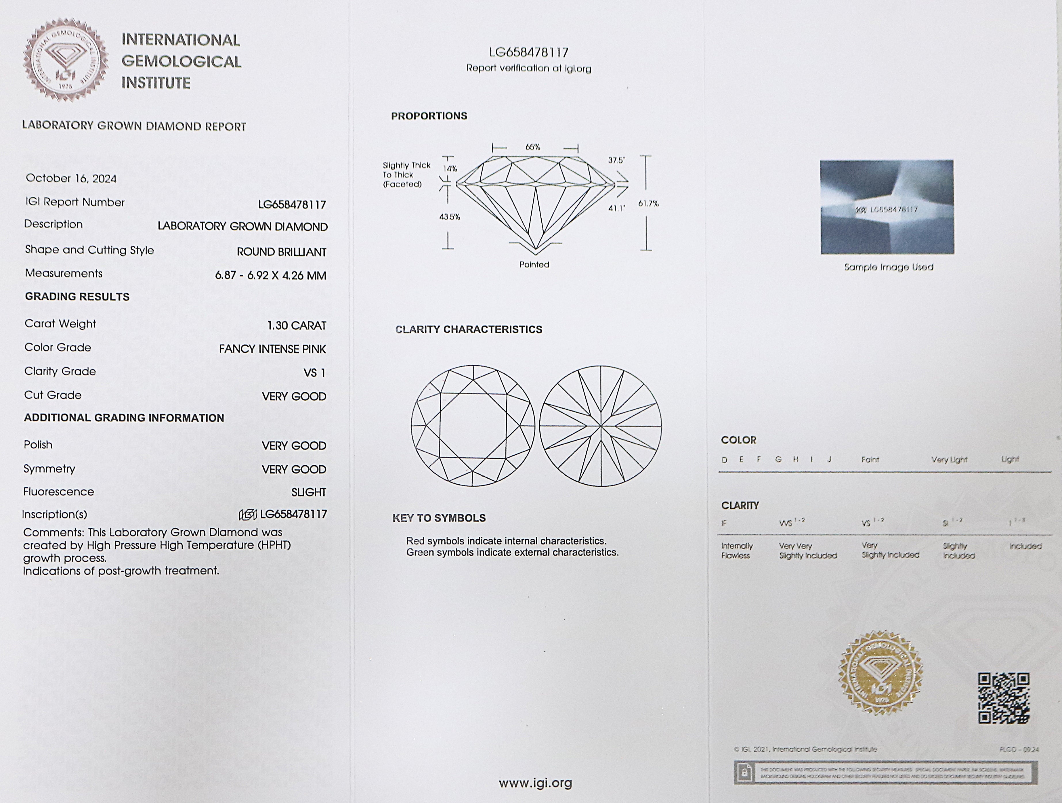 1.30 CT IGI Certified Round Brilliant Cut Fancy Intense Pink Color VS1 Clarity Diamond Lab Grown Diamond Lab Created Round CVD Diamond L3198