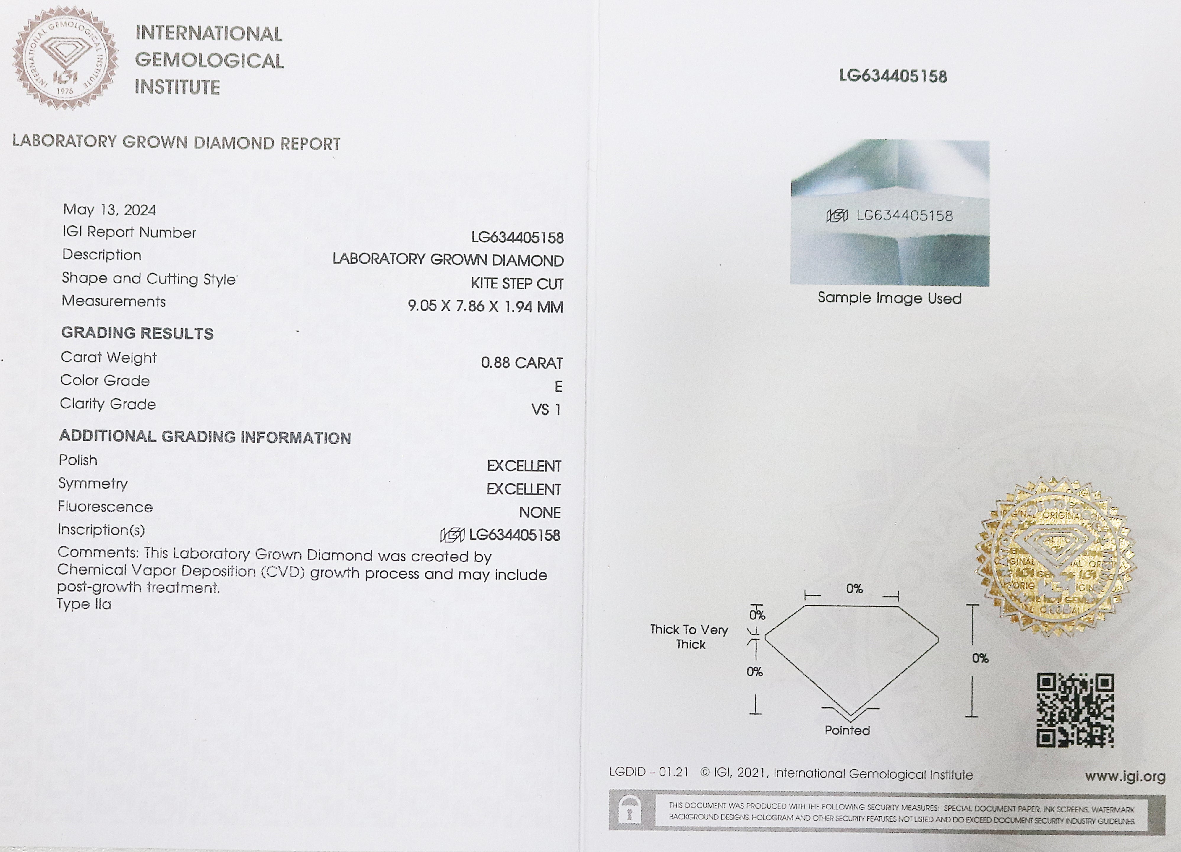 0.88 CT IGI Certified Kite Step Cut Diamond White - E Color VS1 Clarity Lab Grown Diamond Lab Created Kite Diamond Kite CVD Diamond Q170