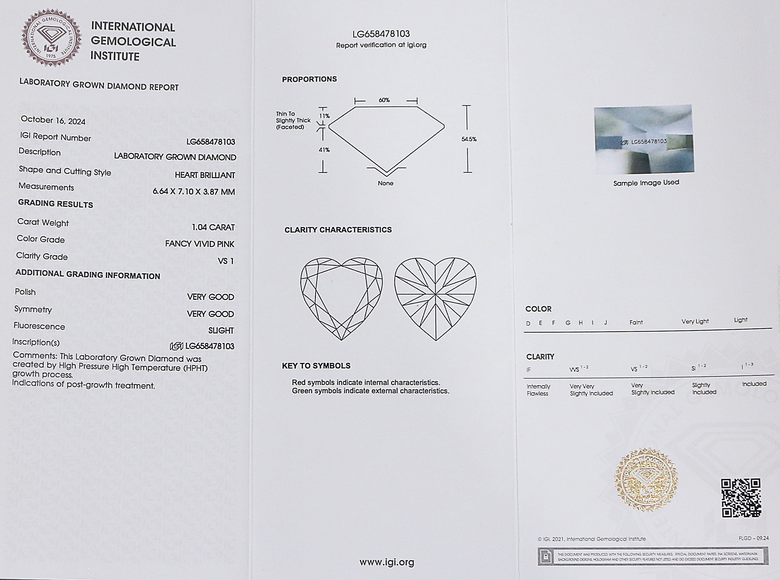 1.04 CT IGI Certified Heart Brilliant Cut Fancy Vivid Pink Color VS1 Clarity Diamond Lab Grown Diamond Lab Created Heart CVD Diamond L3202